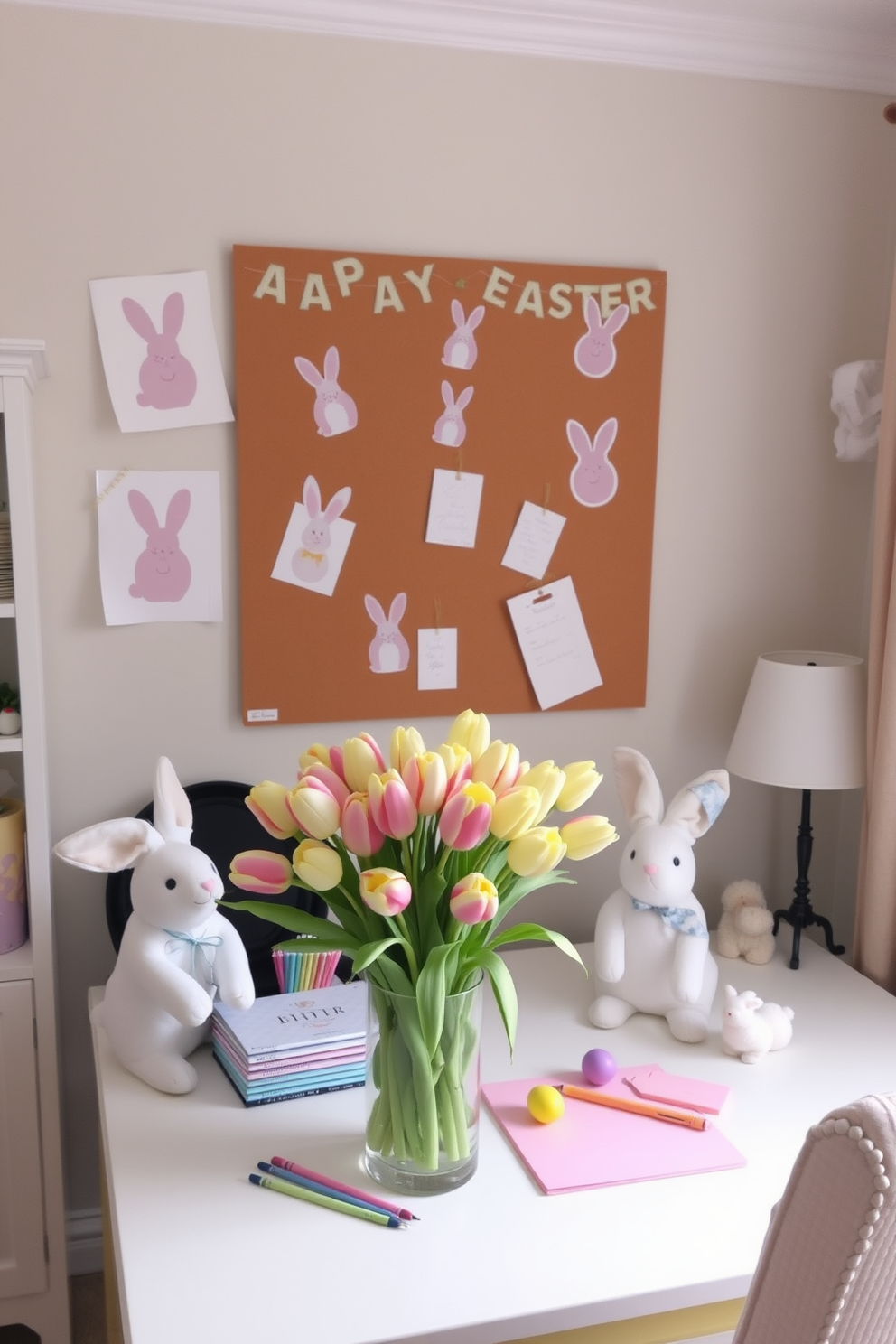 A cozy home office decorated for Easter. A bulletin board on the wall is adorned with decorative bunny prints, creating a festive and cheerful atmosphere. On the desk, pastel-colored stationery and a vase filled with fresh tulips add a touch of spring. Soft, plush bunny figurines are placed strategically around the room, enhancing the Easter theme.