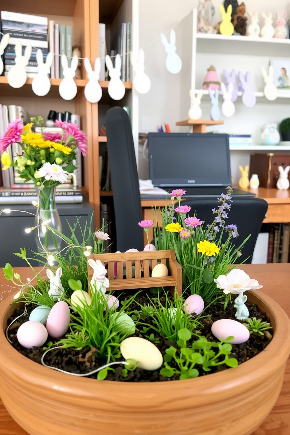 A charming miniature garden adorned with Easter decorations. Small pastel-colored eggs are scattered around the base of vibrant green plants, while tiny bunny figurines peek out from behind the foliage. A delicate string of fairy lights weaves through the garden, casting a soft glow. In the center, a miniature wooden bench is surrounded by blooming flowers in pink, yellow, and lavender hues. A cozy home office transformed with Easter decorating ideas. The desk is adorned with a vase of fresh spring flowers, while colorful Easter eggs are arranged in a decorative bowl. Above the desk, a garland of pastel-colored paper bunnies hangs, adding a festive touch. On the shelves, small Easter-themed ornaments and figurines are placed among books and office supplies, creating a cheerful and inspiring workspace.