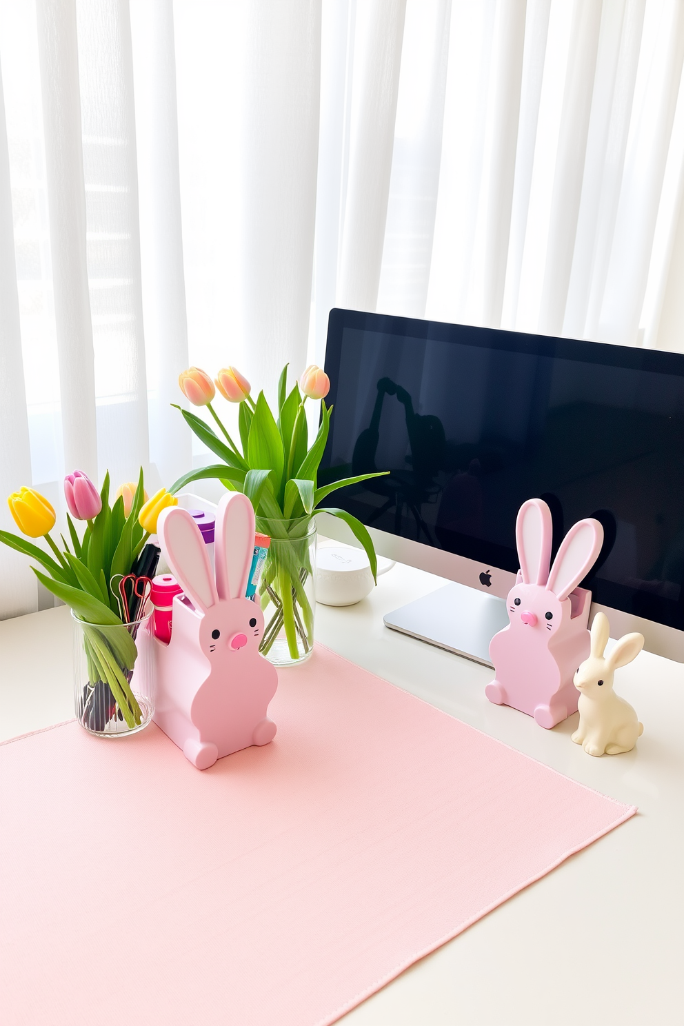 A playful home office setup inspired by Easter. Bunny-shaped desk organizers in pastel colors hold pens, paper clips, and other stationery, adding a whimsical touch to the workspace. The desk is adorned with a light pink table runner and a vase of fresh tulips, while a small ceramic bunny figurine sits next to the computer monitor. Soft, natural light filters through white sheer curtains, creating a cozy and inviting atmosphere perfect for productivity and creativity.