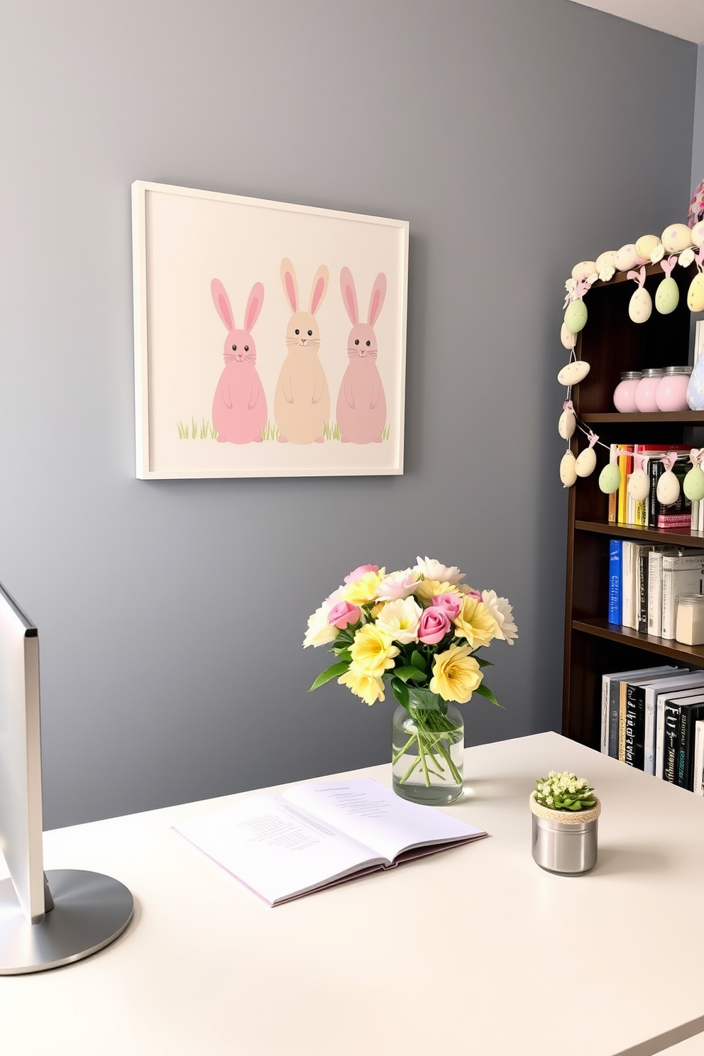 A cozy home office adorned with whimsical rabbit art on the wall. The artwork features playful, pastel-colored rabbits in various poses, adding a touch of charm and creativity to the workspace. For Easter decorating ideas, incorporate pastel hues and floral accents throughout the home office. Place a vase of fresh spring flowers on the desk and hang a garland of Easter eggs and bunnies along the bookshelf for a festive touch.