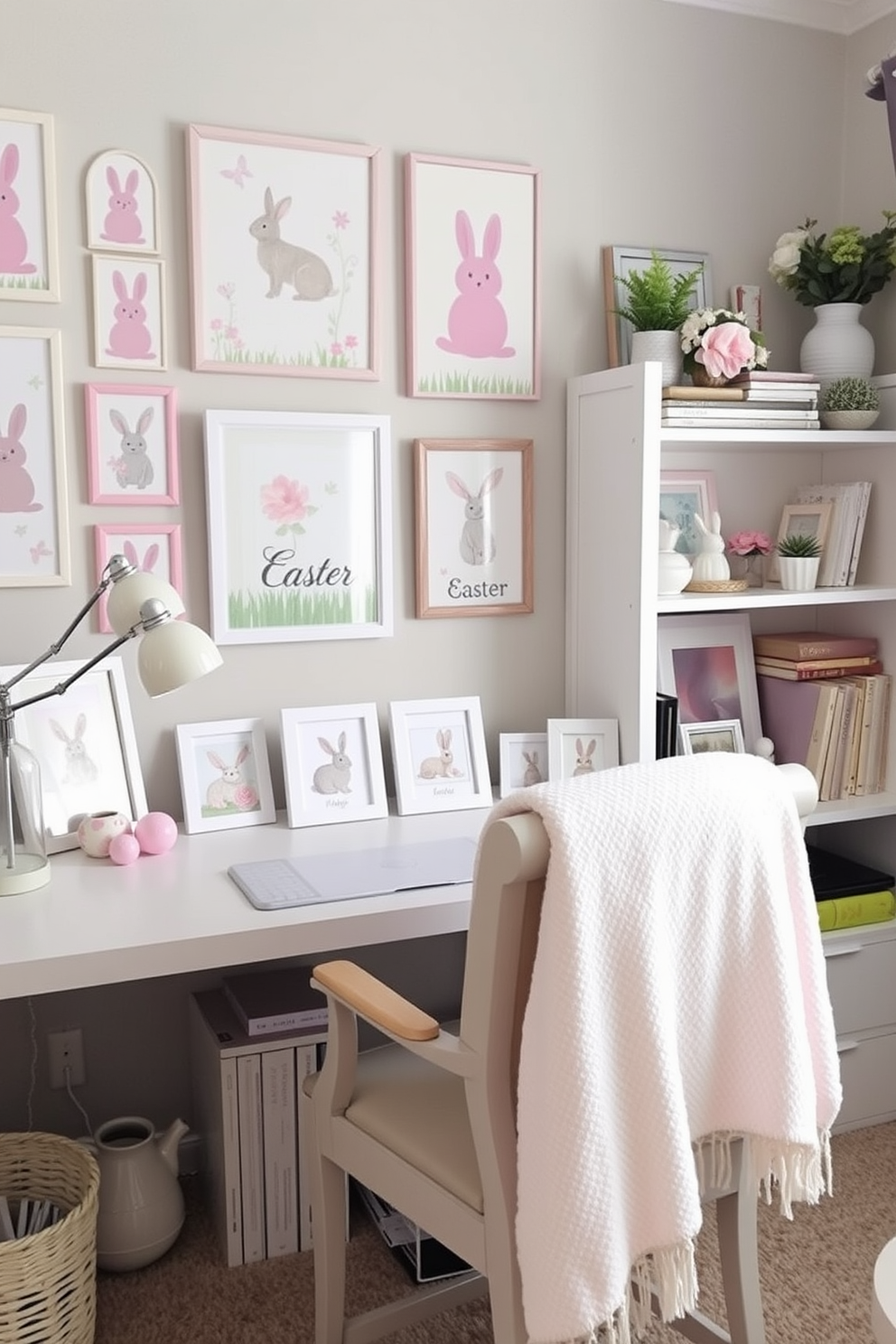 A cozy home office decorated for Easter. The walls are adorned with pastel-colored wall art featuring bunnies, eggs, and spring flowers, bringing a cheerful vibe to the space. On the desk, there are small Easter-themed prints in white frames, adding a touch of festivity without overwhelming the workspace. The shelves hold a mix of books and decorative items, including ceramic bunnies and egg-shaped ornaments, creating a balanced and inviting atmosphere. A soft, pastel-colored throw blanket is draped over the back of the desk chair, completing the Easter-inspired look with a cozy touch.