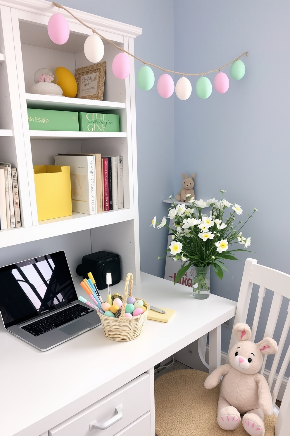 A cozy home office decorated for Easter. On the desk, a mini Easter basket filled with pastel-colored office supplies such as pens, paper clips, and sticky notes sits next to a laptop. Above the desk, a garland of Easter eggs hangs, adding a festive touch. The walls are painted a soft blue, and a white bookshelf in the corner holds various books and a few small Easter-themed decorations. A plush bunny toy is placed on the chair, and a vase with fresh spring flowers brightens up the space.