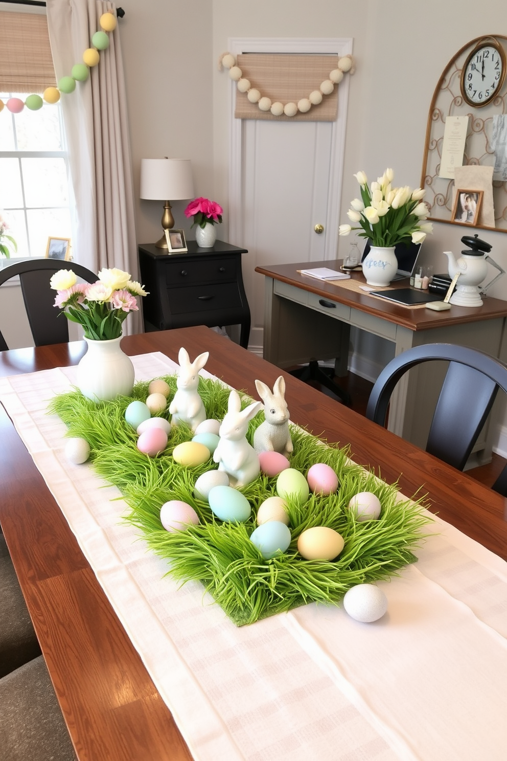 A spring-inspired table runner graces the dining table, adorned with pastel-colored eggs nestled in a bed of faux grass. The table setting is completed with delicate floral arrangements and soft, airy linens that evoke the freshness of the season. In a cozy home office, Easter decorations bring a touch of festivity with charming bunny figurines and colorful egg ornaments. The desk features a centerpiece of blooming tulips in a ceramic vase, while a garland of pastel-colored eggs drapes elegantly across the window sill.