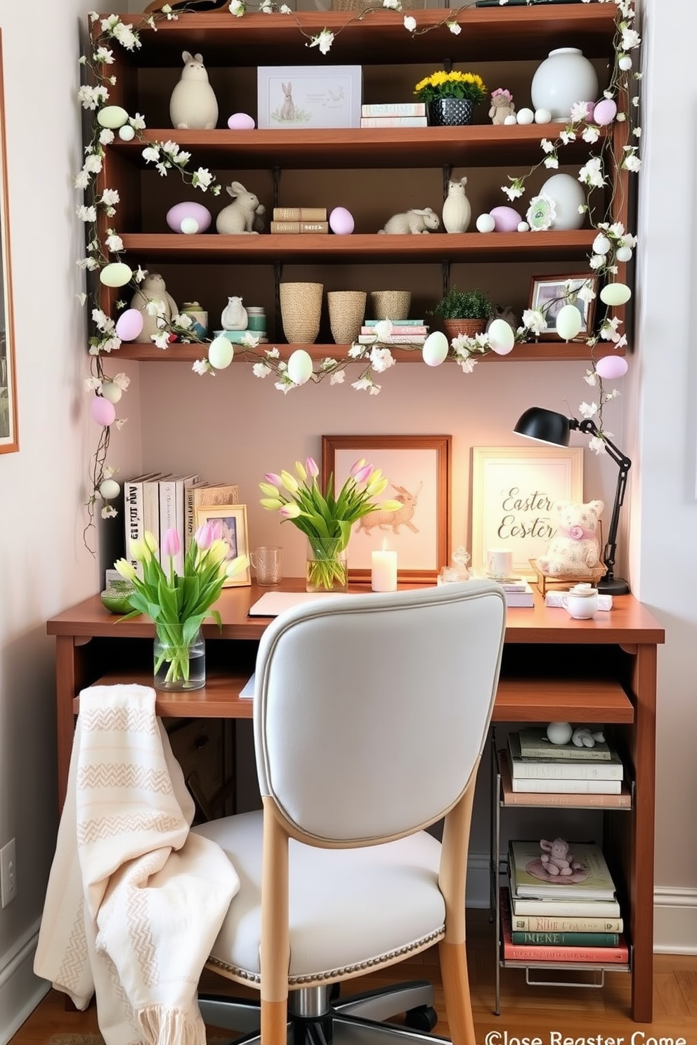 A cozy home office adorned with festive Easter decorations. Shelves are draped with a delicate Easter garland featuring pastel-colored eggs, small bunnies, and spring flowers. The desk is complemented by a vase of fresh tulips, and a soft pastel-colored throw is draped over the chair. Decorative Easter-themed books and ornaments are strategically placed to create a cheerful and inspiring workspace.