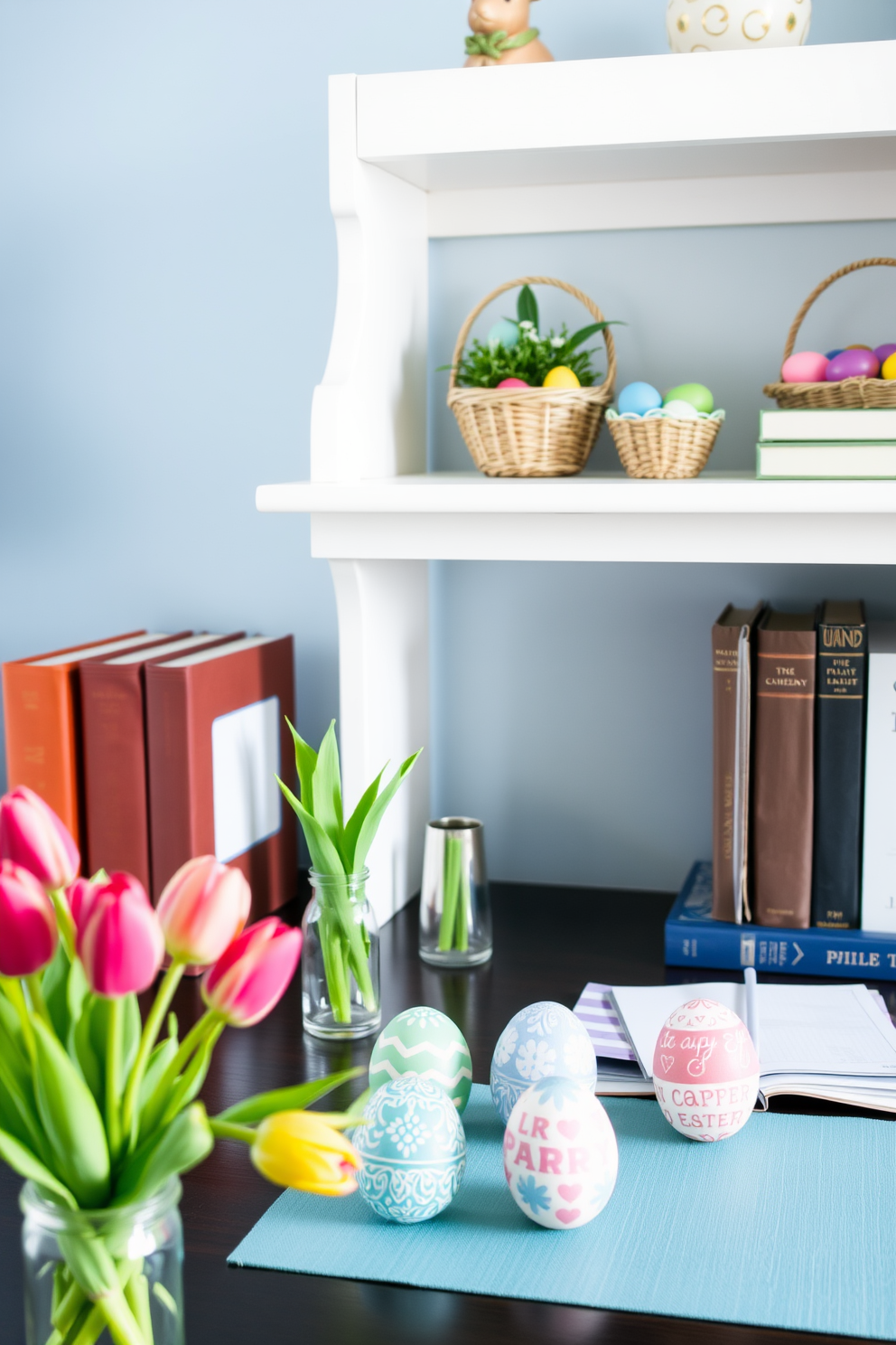 A cozy home office decorated for Easter. On the desk, there are DIY painted egg paperweights, each adorned with intricate patterns and pastel colors. A small vase of fresh tulips sits next to a stack of neatly arranged books. The walls are painted a soft, calming blue, and a white wooden shelf above the desk holds a few Easter-themed decorations, including a ceramic bunny and a basket filled with colorful eggs.