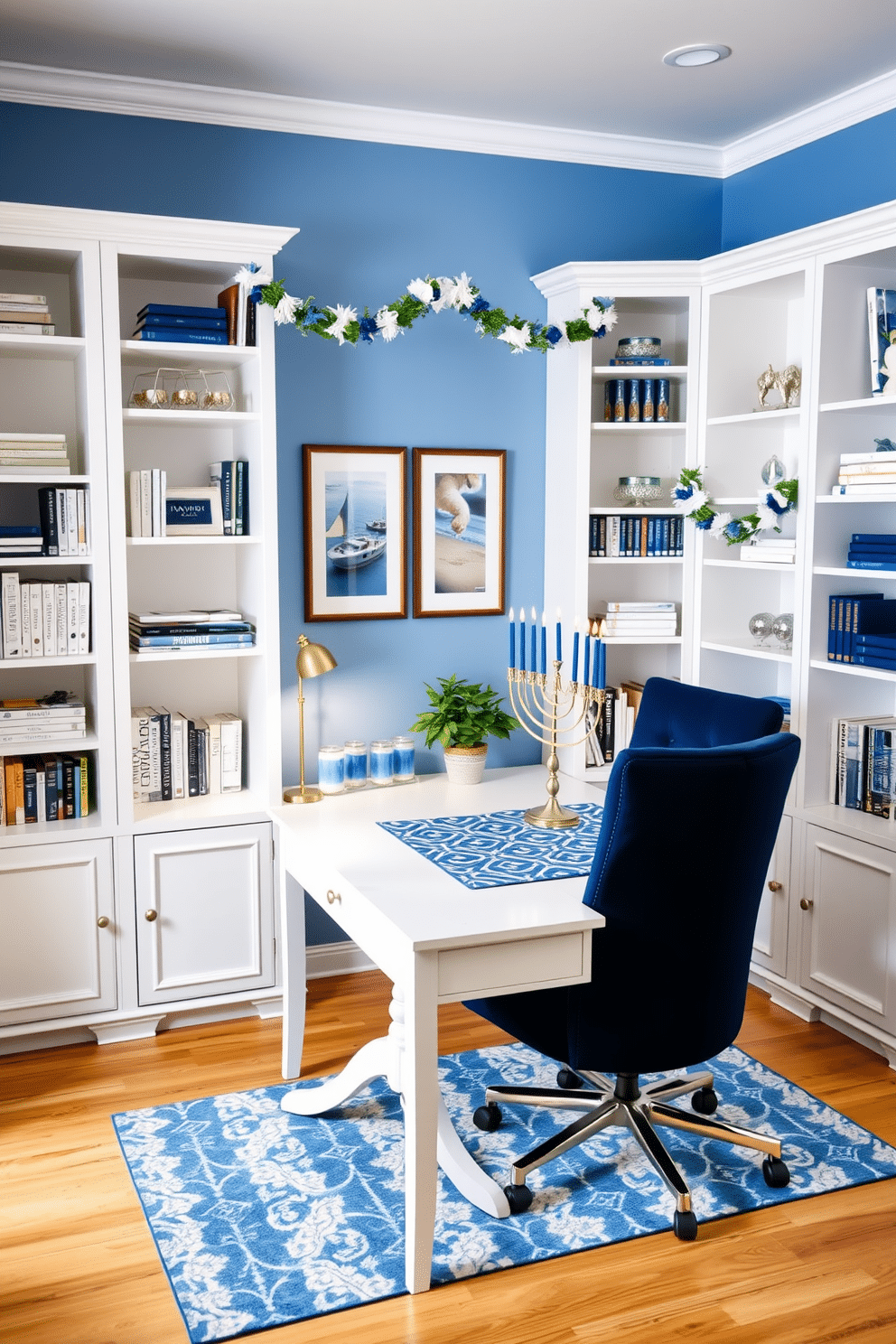 A serene home office space featuring a blue and white color scheme. The walls are painted in a soft blue, complemented by white shelving units filled with books and decorative items. A stylish desk made of polished white wood sits in the center, adorned with a blue and white patterned desk mat. To the side, a comfortable chair in a deep navy fabric invites productivity, while a small potted plant adds a touch of greenery. For Hanukkah decorations, a beautiful menorah made of silver is placed on the desk, surrounded by blue and white candles. Festive garlands in matching colors hang from the shelves, creating a warm and inviting atmosphere for the holiday season.