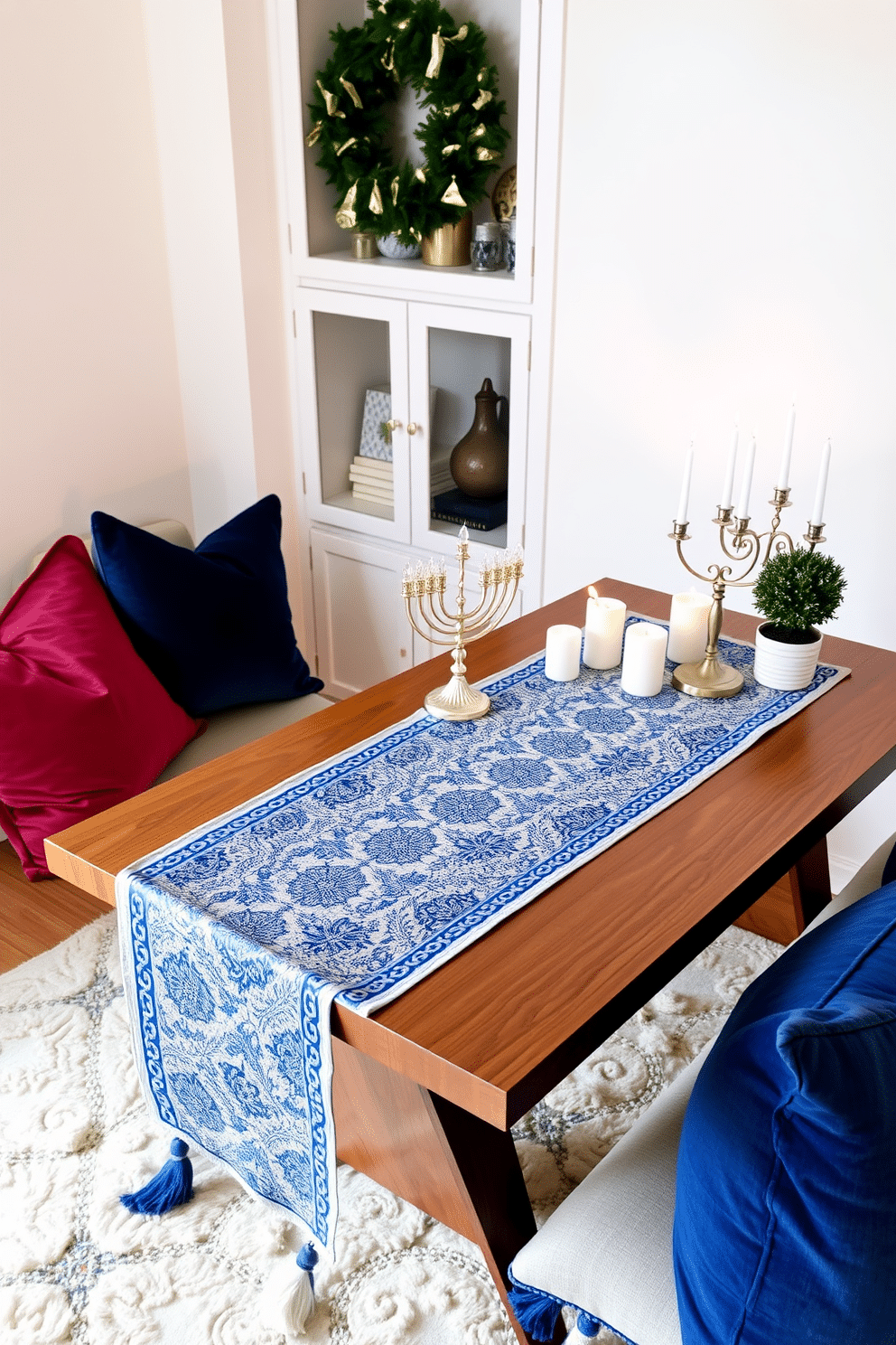 A beautifully designed home office adorned for Hanukkah. A table runner featuring intricate Hanukkah motifs in blue and silver drapes elegantly across a sleek wooden desk, complemented by a decorative menorah and a collection of festive candles. The walls are painted a warm white, creating a bright and inviting atmosphere. Cozy accents, such as plush cushions in rich jewel tones and a small potted plant, enhance the space, making it perfect for both work and celebration.