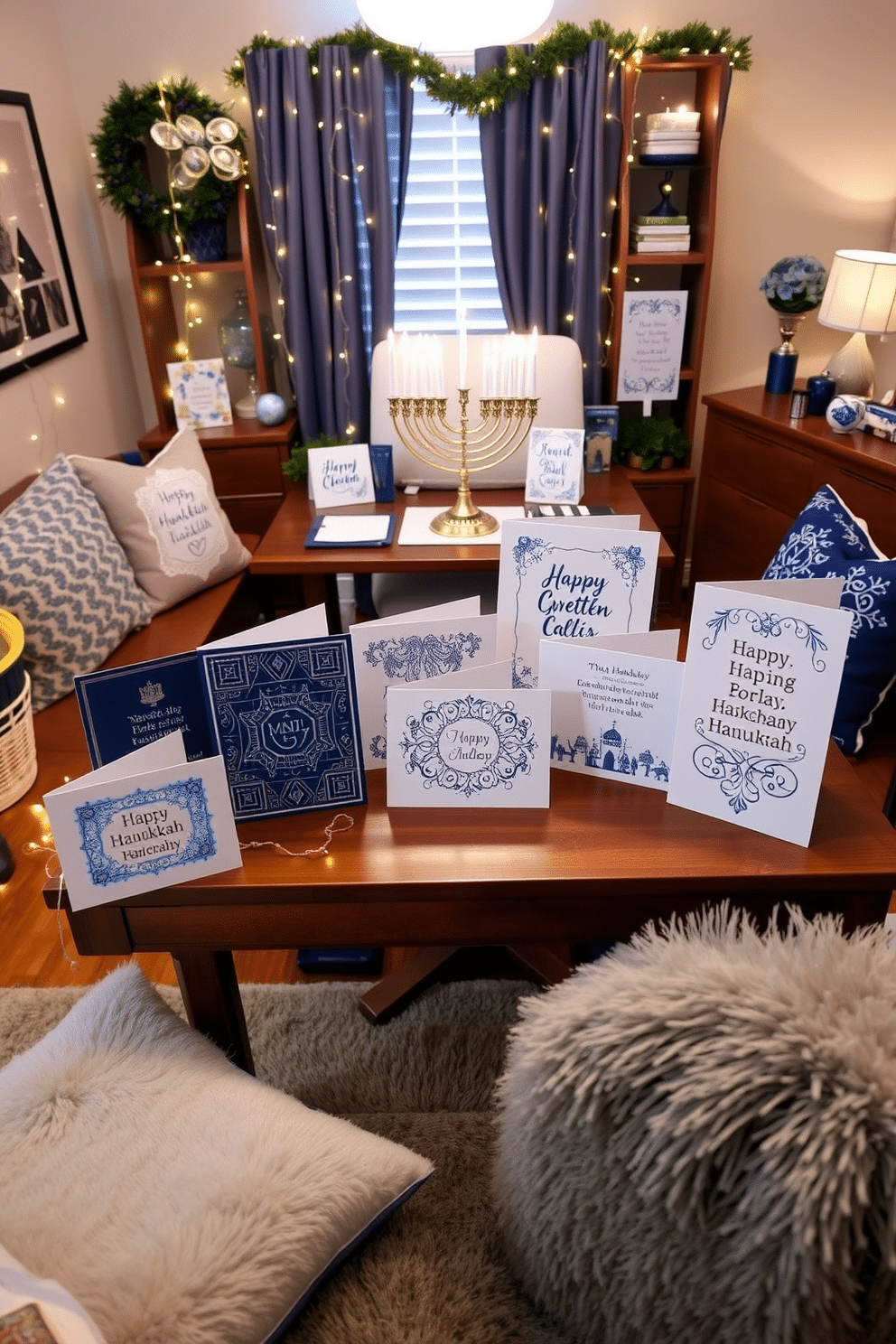 A collection of personalized Hanukkah greeting cards is beautifully displayed on a wooden table, surrounded by twinkling fairy lights and festive decorations. Each card features intricate designs and heartfelt messages, showcasing a blend of traditional and modern elements. The home office is adorned with Hanukkah-themed decor, including a menorah centerpiece on the desk and blue and silver accents throughout the space. Cozy throw pillows and a warm rug add a touch of comfort, creating an inviting atmosphere for work and celebration.