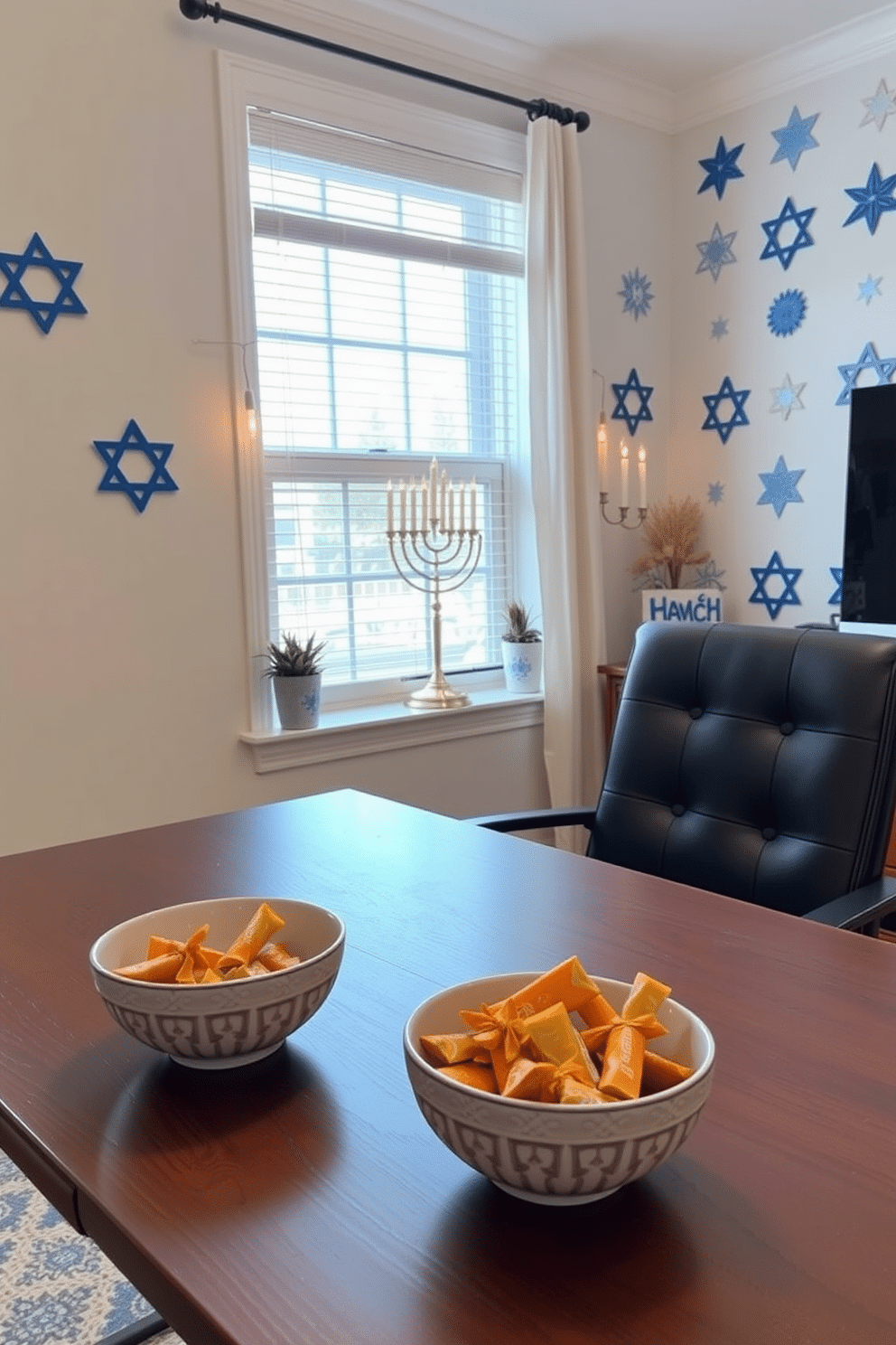 A cozy home office decorated for Hanukkah, featuring traditional gelt in decorative bowls placed on a sleek wooden desk. The walls are adorned with blue and white star motifs, and a menorah sits elegantly on the window sill, casting a warm glow in the room.