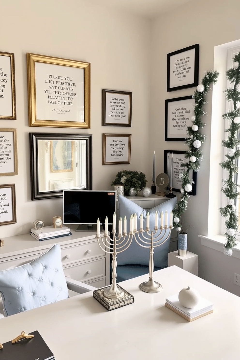 A serene home office space designed for productivity and inspiration. The walls are adorned with framed motivational quotes in elegant frames, creating a gallery wall that encourages creativity and focus. For Hanukkah, the office features tasteful decorations that celebrate the holiday spirit. Soft blue and silver accents are incorporated, with a beautiful menorah placed on the desk and festive garlands draped gently around the window.