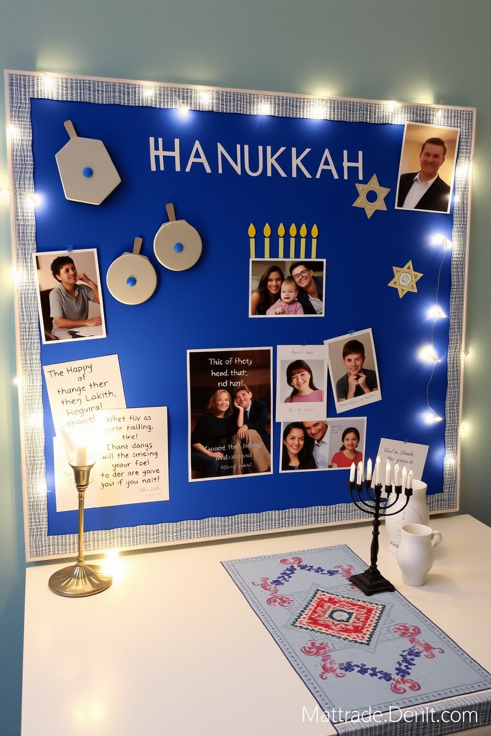 A creative Hanukkah-themed bulletin board features a vibrant blue background adorned with silver and gold accents. Handmade dreidels, paper menorahs, and festive quotes are pinned alongside family photos celebrating the holiday spirit. For home office Hanukkah decorating ideas, consider a cozy workspace illuminated by string lights shaped like stars. Incorporate a small tabletop menorah and a festive table runner featuring traditional symbols to create an inviting atmosphere.