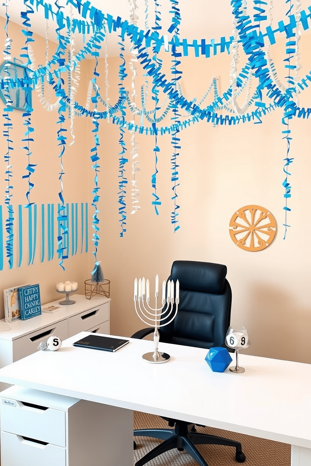 A vibrant home office decorated for Hanukkah features colorful paper chains in shades of blue and silver draped across the ceiling. The workspace includes a modern desk with a sleek design, adorned with festive menorah and decorative dreidels that add a warm holiday touch.