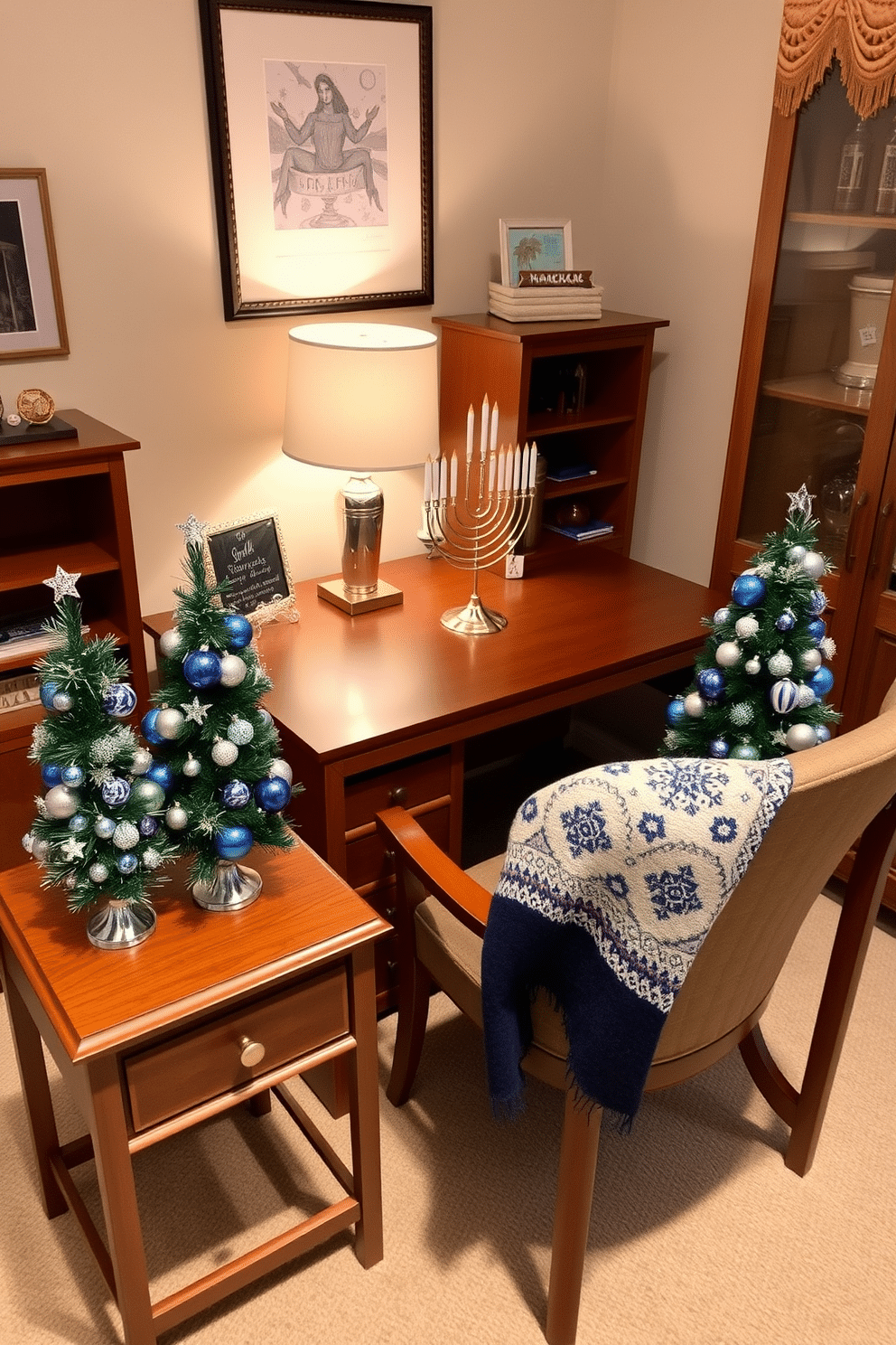 A cozy home office adorned for Hanukkah features miniature Hanukkah trees on each side table, adding a festive touch to the workspace. The trees are decorated with blue and silver ornaments, complementing the warm wood tones of the furniture. The desk is stylishly arranged with a menorah and a small collection of dreidels, creating an inviting atmosphere for productivity. Soft lighting from a nearby lamp enhances the holiday spirit, while a decorative throw blanket drapes over the chair for added comfort.