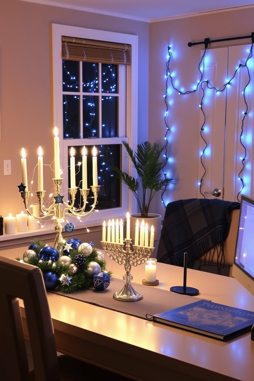 Light-up Hanukkah decorations create a warm and inviting atmosphere, featuring string lights wrapped around a beautifully adorned menorah and a festive table centerpiece with blue and silver accents. Soft, glowing candles flicker on windowsills, while decorative dreidels and stars of David add a touch of charm to the space. For a home office, incorporate Hanukkah-themed decor by displaying a stylish menorah on your desk alongside a cozy throw blanket in festive colors. Hang garlands of blue and white lights to enhance the workspace, creating a cheerful and inspiring environment during the holiday season.