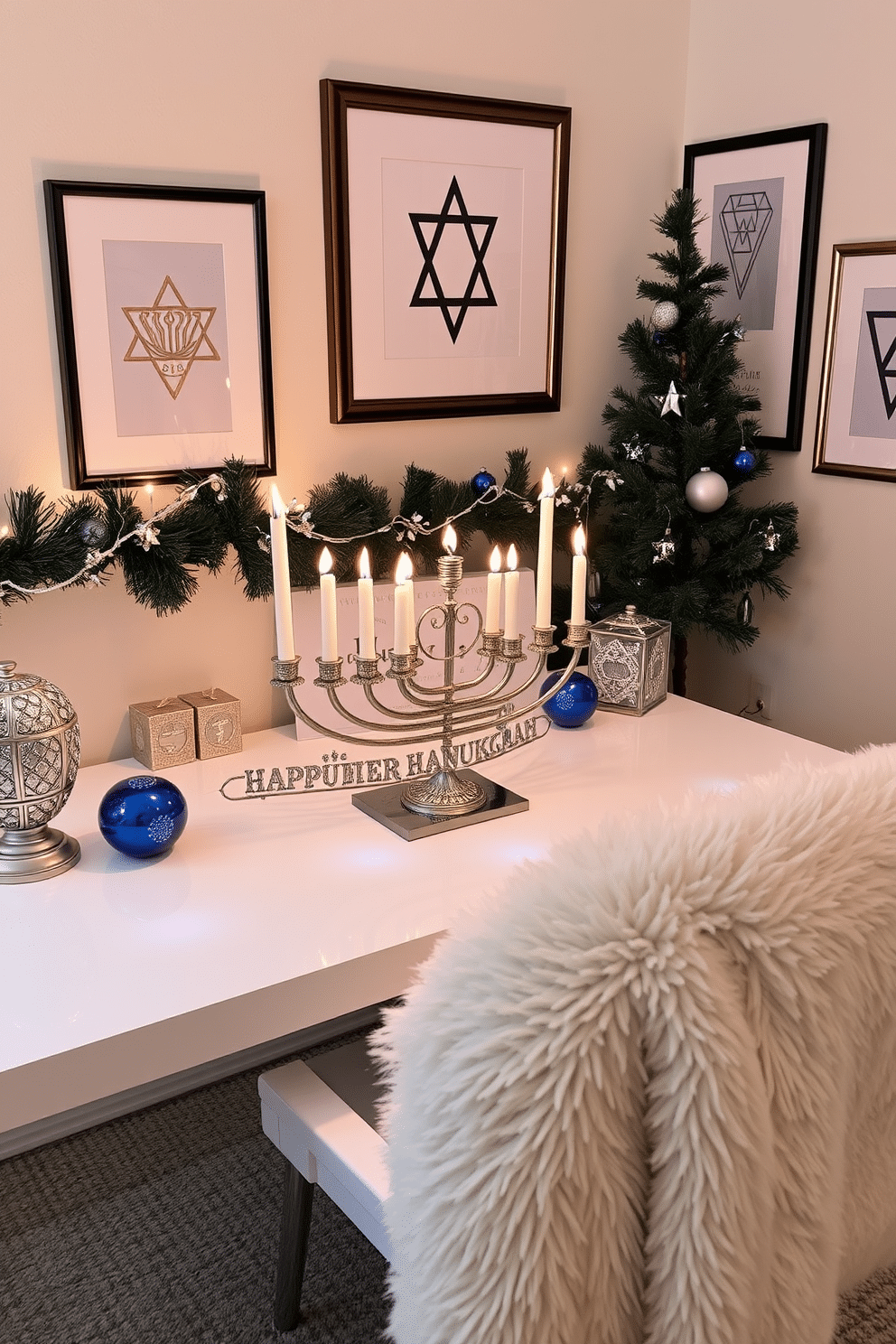 A festive menorah centerpiece is elegantly displayed on a sleek, modern desk, surrounded by shimmering silver and blue accents. The soft glow of the candles illuminates a cozy workspace adorned with holiday-themed decor, including a tasteful garland and starry lights. To enhance the Hanukkah spirit, the walls are adorned with framed artwork depicting traditional symbols, creating a warm and inviting atmosphere. A plush throw blanket drapes over the chair, inviting relaxation and celebration during this special season.