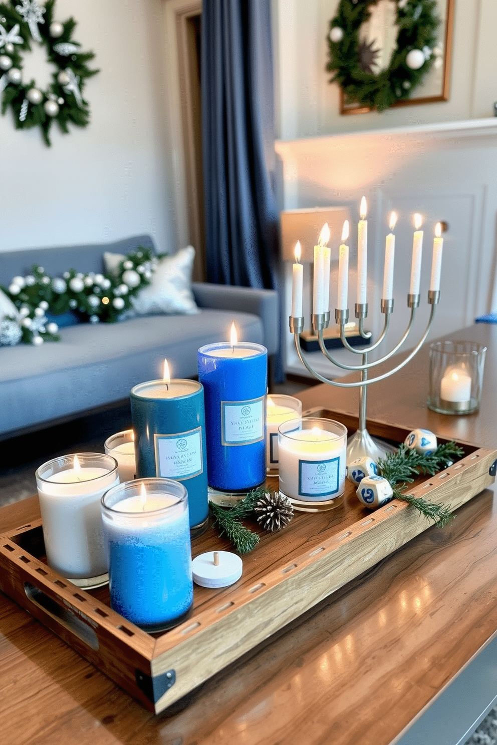 A collection of seasonal scented candles arranged on a rustic wooden tray, casting a warm glow in a cozy living room. The candles are in various festive colors, with subtle holiday-themed decorations around them, enhancing the inviting atmosphere. A stylish home office adorned with Hanukkah decorations, featuring a blue and silver color scheme. A menorah sits elegantly on the desk, accompanied by tasteful garlands and a small display of dreidels, creating a festive yet professional workspace.