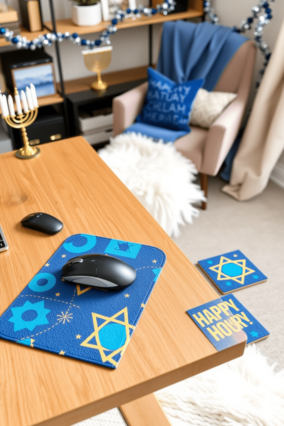 A Hanukkah-themed mouse pad and coasters set on a sleek wooden desk, featuring vibrant blue and gold designs inspired by the Star of David and menorah motifs. The mouse pad is soft and textured, while the coasters are made from durable ceramic, adding a festive touch to the workspace. The home office is adorned with subtle Hanukkah decorations, including a small menorah placed on the corner of the desk and blue and silver garlands draped along the shelves. A cozy armchair in the corner is complemented by a warm throw blanket, creating an inviting atmosphere for holiday creativity.