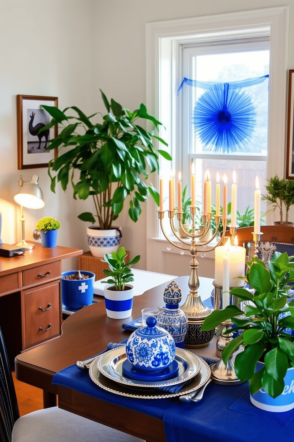 A cozy home office featuring potted plants in blue and white pots, adding a vibrant touch to the workspace. The desk is positioned near a window, allowing natural light to illuminate the room, while the plants bring a sense of tranquility and freshness. For Hanukkah decorating ideas, envision a warm and inviting setting adorned with blue and silver accents. A beautifully set table showcases a menorah at the center, surrounded by festive decorations and candles that create a soft, glowing ambiance.