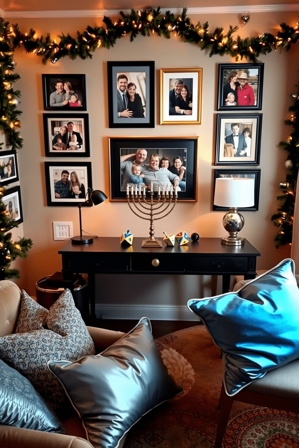 A cozy home office adorned with holiday cheer. The walls are decorated with framed family photos, each surrounded by festive garlands and twinkling lights. A stylish desk sits in the center, topped with a menorah and colorful dreidels. Soft throw pillows in blue and silver hues are scattered on a nearby chair, adding warmth and comfort to the space.