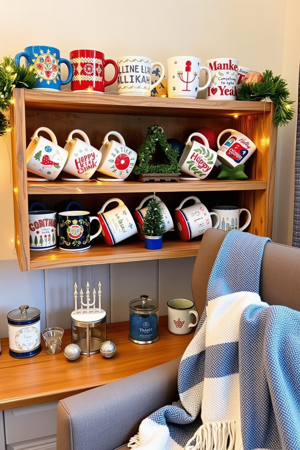 A charming holiday-themed coffee mug display features an array of colorful mugs adorned with festive patterns and cheerful designs. The mugs are neatly arranged on a rustic wooden shelf, complemented by twinkling fairy lights and a small evergreen centerpiece. For Hanukkah decorating ideas in a home office, consider incorporating a blue and silver color scheme with menorah-themed decor. Add thoughtful touches like decorative dreidels and a cozy throw blanket draped over the chair to create a warm, inviting atmosphere.