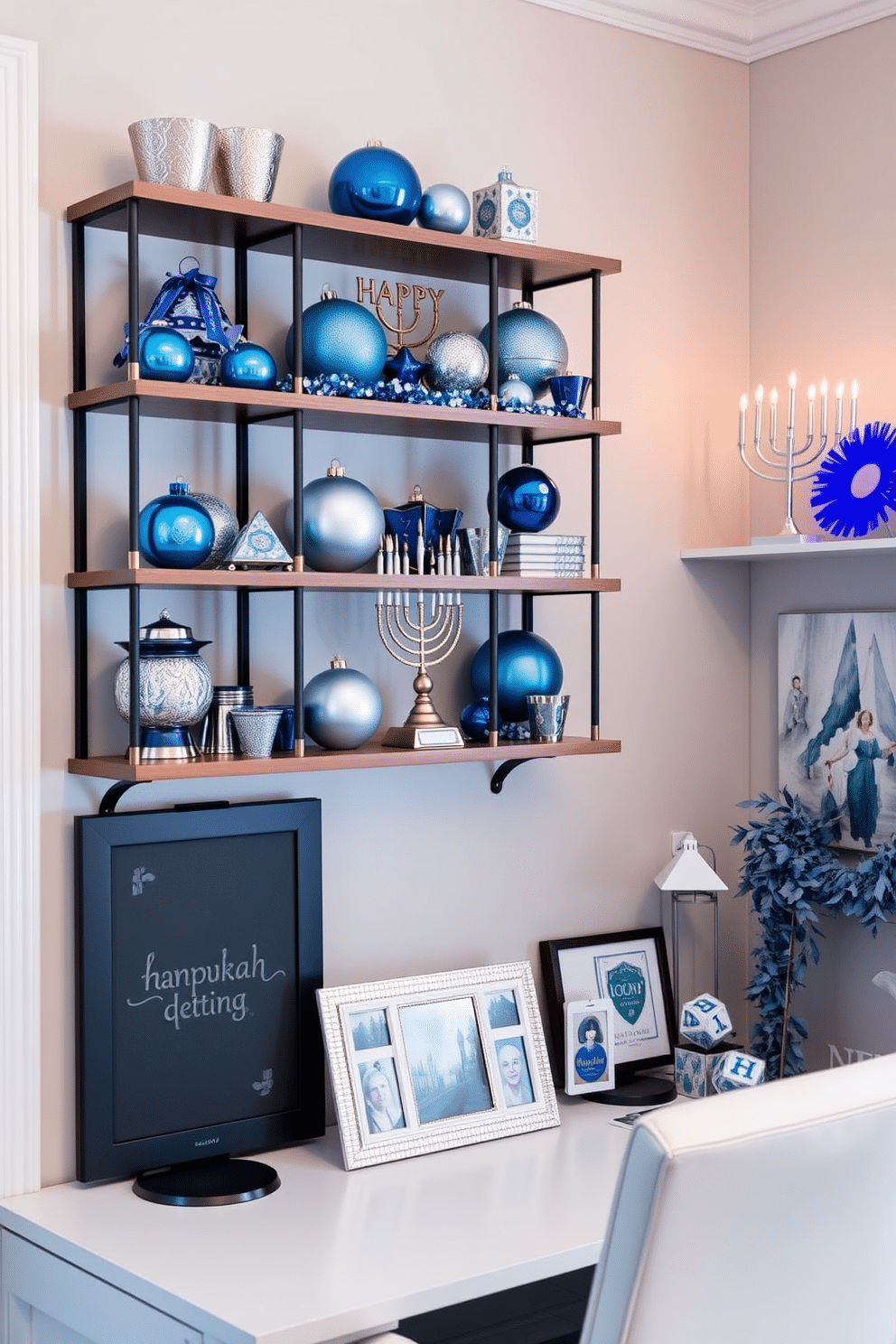 A cozy home office adorned with wall-mounted shelves showcasing festive Hanukkah decor. The shelves are filled with blue and silver ornaments, menorahs, and vibrant dreidels, creating a warm and inviting atmosphere.