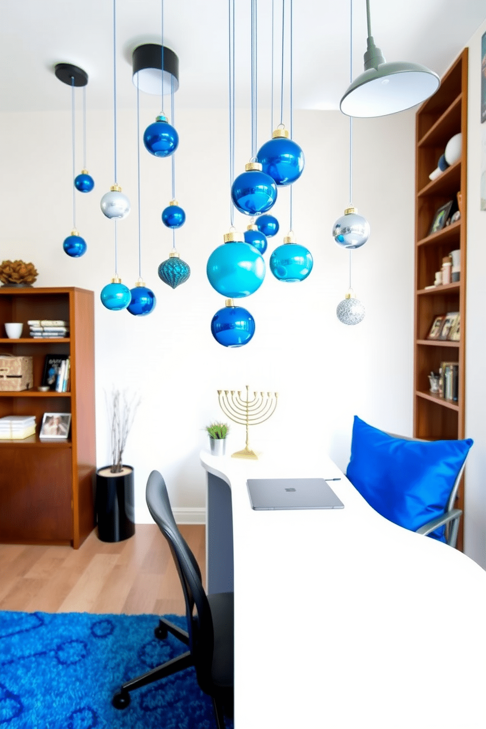 A cozy home office adorned for Hanukkah, featuring a stylish desk with a sleek finish and a comfortable chair. Above, hanging ornaments in shades of blue and silver dangle from modern ceiling fixtures, adding a festive touch to the workspace. On the desk, a menorah stands prominently, surrounded by decorative candles and a small potted plant. The walls are painted a soft white, while a vibrant blue rug anchors the space, creating a warm and inviting atmosphere.