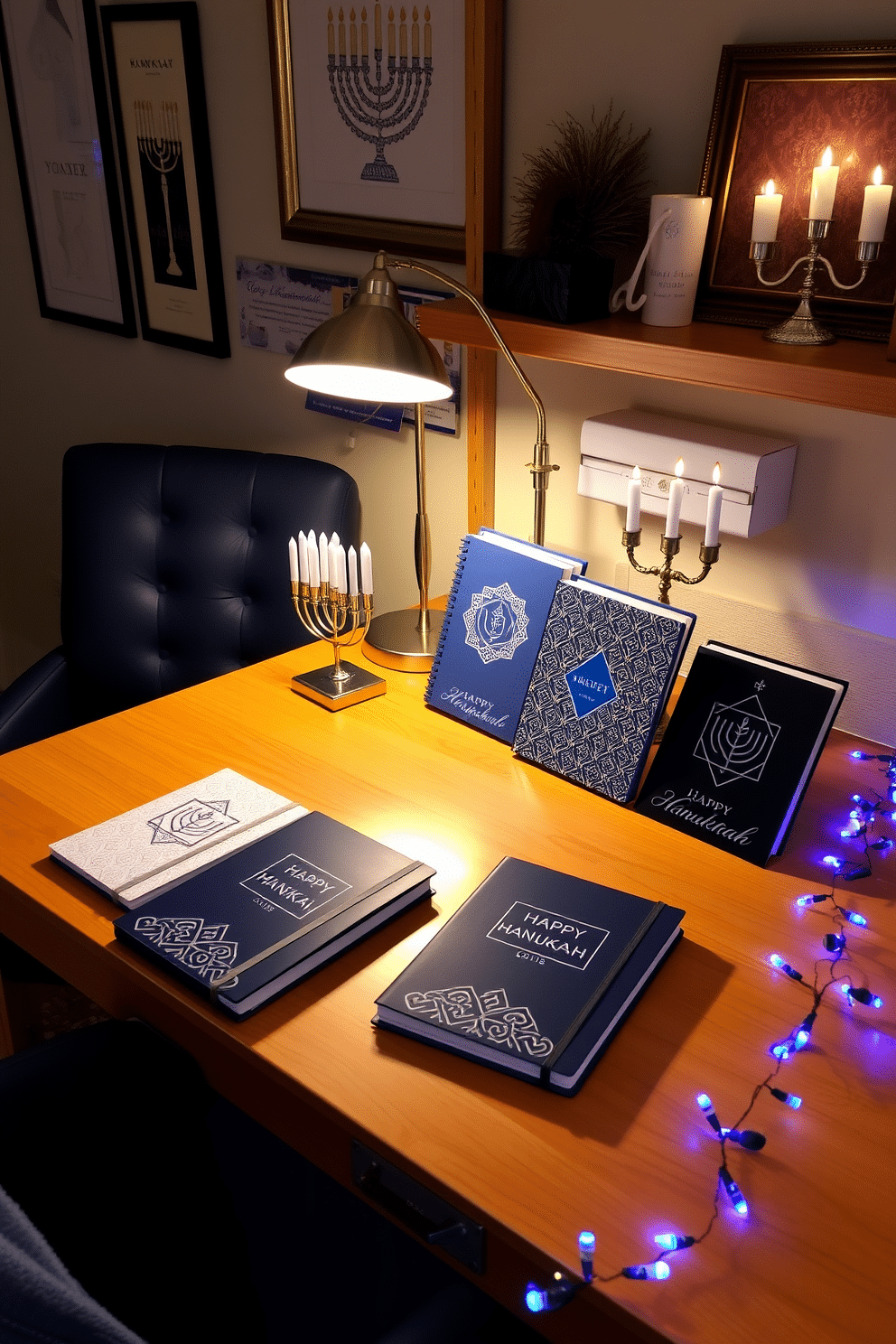 Stylish Hanukkah-themed notebooks are neatly arranged on a sleek wooden desk, each featuring elegant designs in blue and silver. A cozy desk lamp casts a warm glow over the workspace, complemented by a small menorah centerpiece adorned with candles. The walls are decorated with tasteful Hanukkah decorations, including framed artwork that celebrates the holiday's traditions. A plush, navy blue chair adds comfort and style, while a festive garland of blue and white lights drapes gently across the shelves.