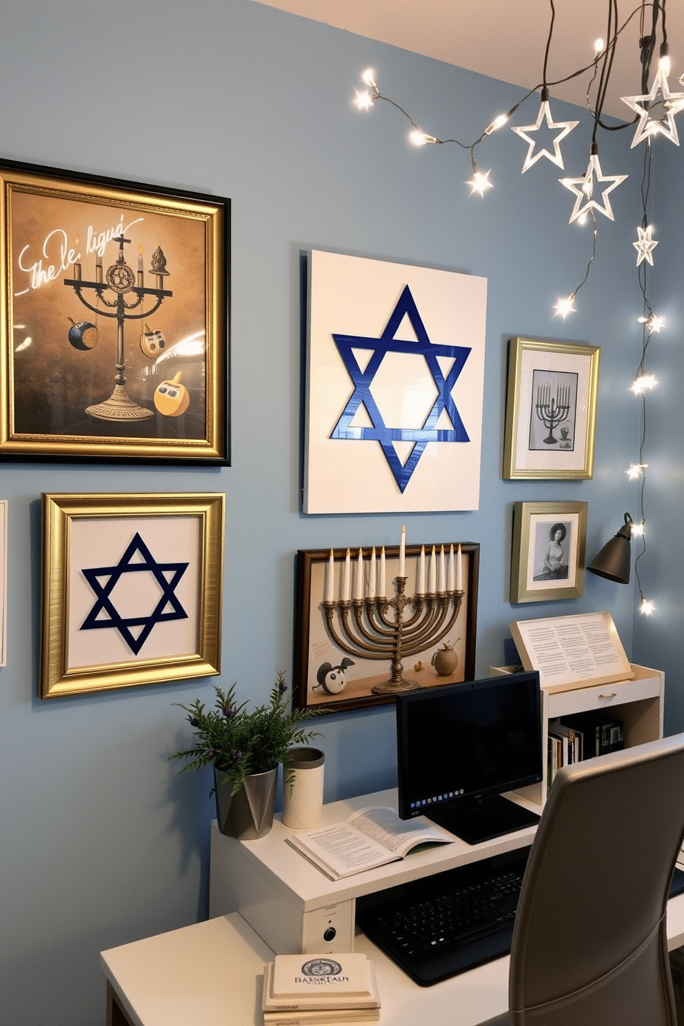 A vibrant Hanukkah-themed wall art display features a collection of framed artworks, including a large Star of David centerpiece and smaller pieces depicting menorahs and dreidels. The wall is painted a soft blue, enhancing the festive colors of the artwork, which includes shades of gold, silver, and deep blue. In the home office, Hanukkah decorations create a warm and inviting atmosphere, with a menorah placed prominently on the desk next to a cozy reading nook. String lights in the shape of stars hang above the workspace, adding a touch of sparkle and celebrating the spirit of the holiday.