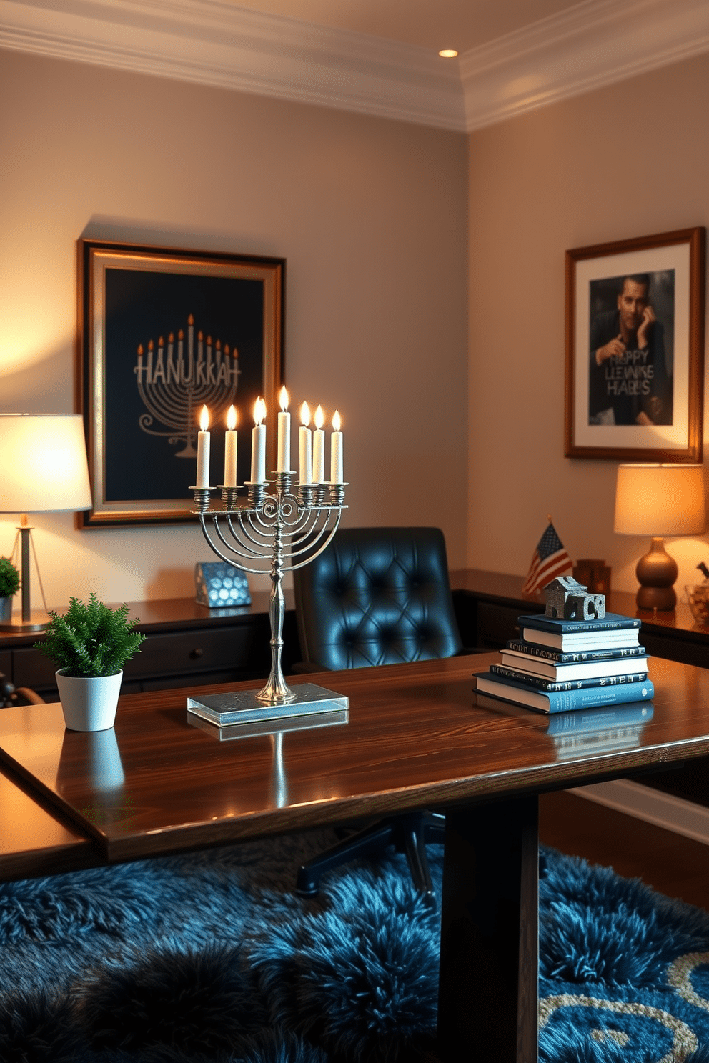 A beautifully designed home office features an artistic menorah as the focal point, elegantly placed on a polished wooden desk. The walls are adorned with subtle Hanukkah-themed artwork, and soft, ambient lighting creates a warm and inviting atmosphere. Surrounding the menorah are decorative elements such as a small potted plant and a stack of festive books, enhancing the seasonal spirit. A plush area rug in rich blues and golds ties the space together, offering comfort and style during the holiday season.