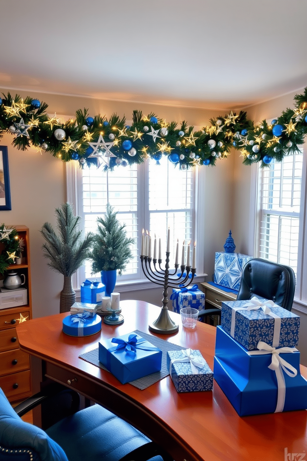 A cozy home office decorated for Hanukkah features a stunning Star of David garland elegantly draped across the windows, casting a warm glow in the room. The desk is adorned with festive blue and silver accents, including a menorah and a collection of beautifully wrapped gifts, creating a cheerful and inviting workspace.