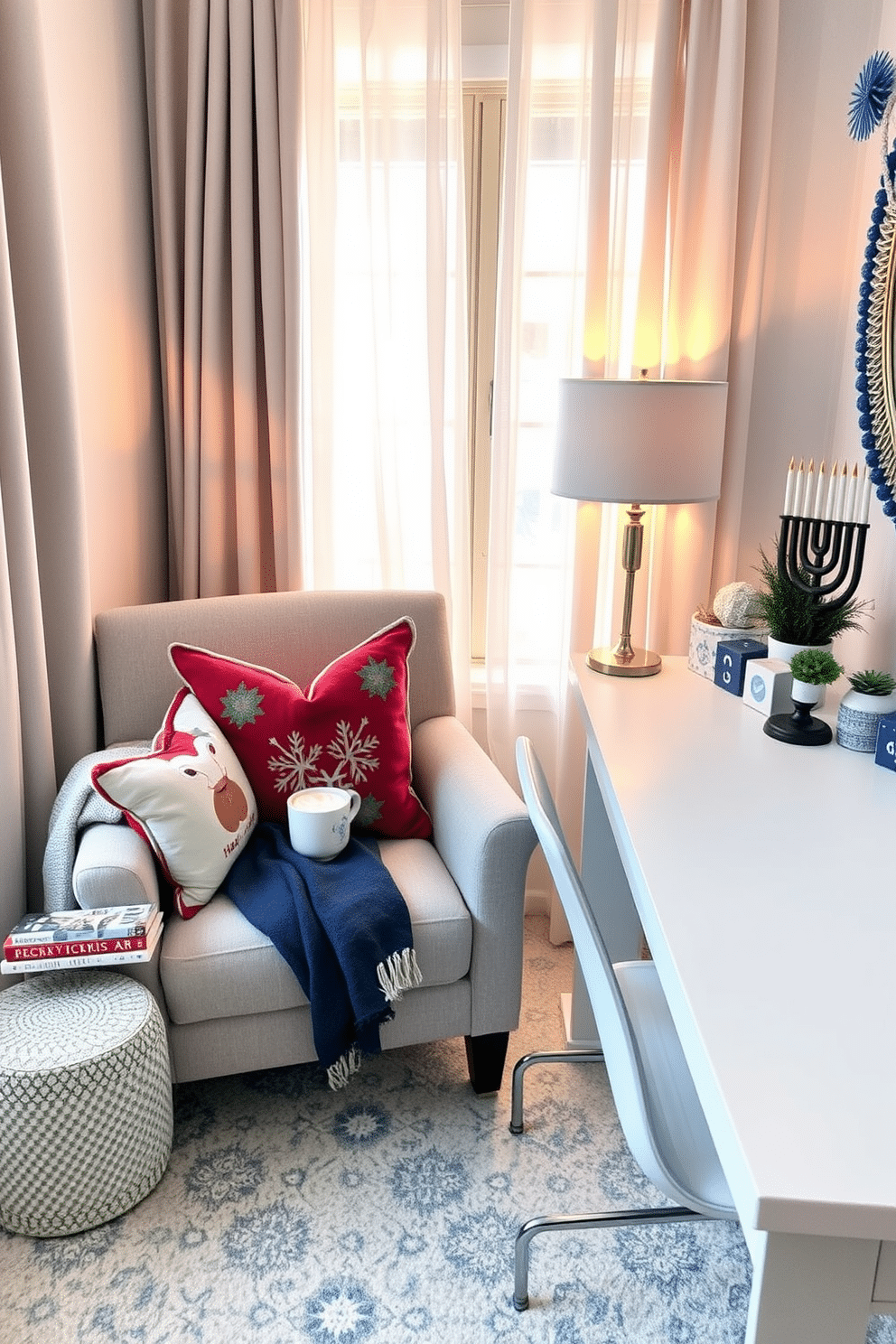 Cozy reading nook with holiday pillows. A plush armchair is positioned next to a large window, draped with soft, sheer curtains that let in warm, natural light. The chair is adorned with colorful holiday-themed pillows, and a small side table holds a steaming cup of cocoa and a stack of festive books. A cozy throw blanket is casually draped over the armrest, inviting relaxation and comfort. Home Office Hanukkah Decorating Ideas. The workspace features a sleek desk with a modern lamp, surrounded by tasteful decorations that celebrate the Hanukkah spirit. A menorah is placed prominently on the desk, flanked by decorative dreidels and a small potted plant. The walls are adorned with blue and silver accents, creating a harmonious and festive atmosphere.