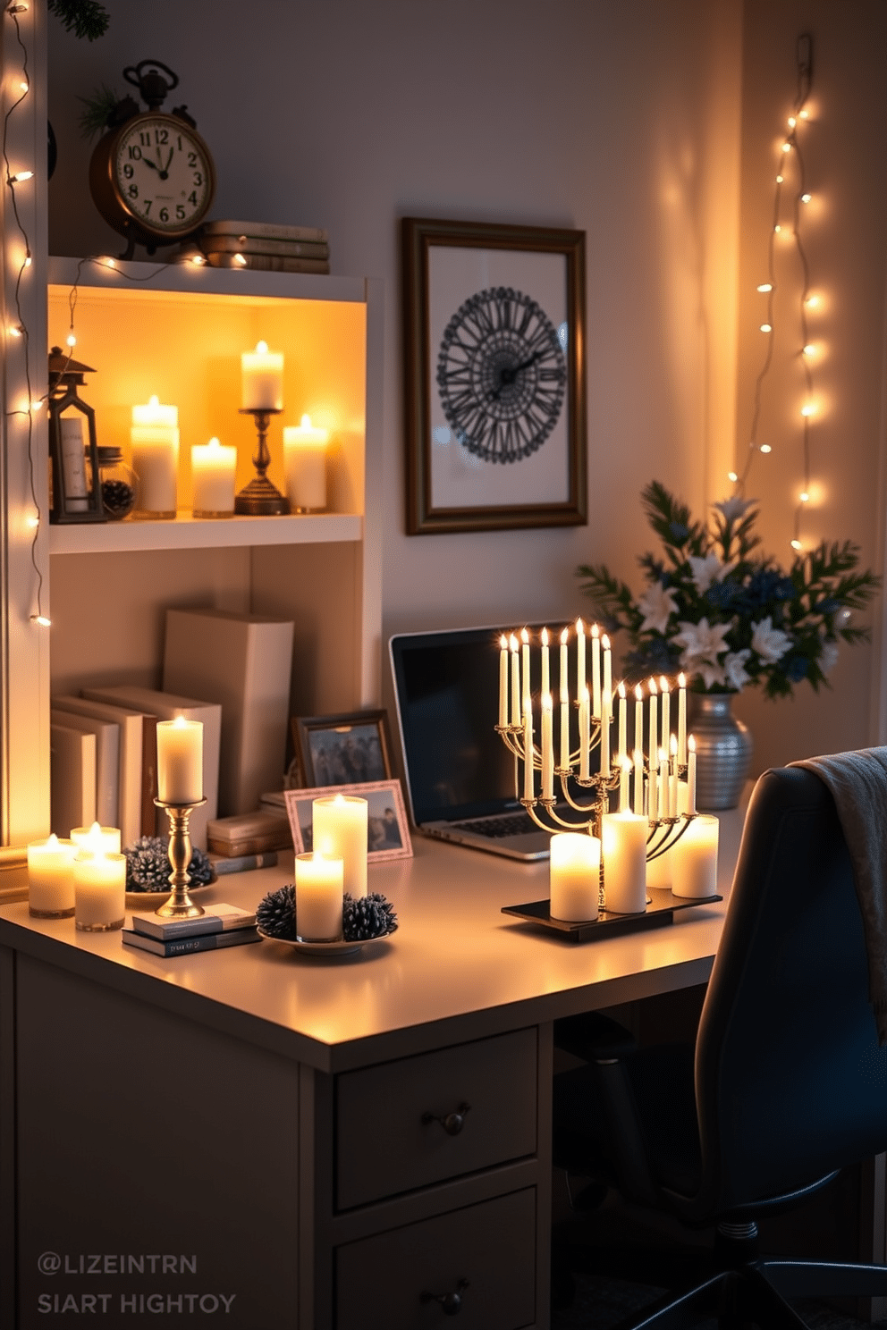 A cozy home office adorned with glowing LED candles creates a warm and inviting atmosphere. The candles are strategically placed on the desk and shelves, casting a soft light that enhances the room's decor. For Hanukkah, the office features a beautiful menorah on the desk, surrounded by festive decorations in blue and silver. Delicate string lights are draped along the walls, adding to the celebratory ambiance while maintaining a sophisticated look.