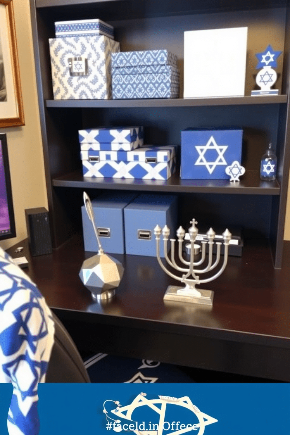 A festive home office setting adorned with Hanukkah-themed desk accessories and organizers. The desk features a beautiful dreidel-shaped pen holder and a menorah-inspired paperweight, both crafted from polished silver. The shelves are decorated with blue and white themed organizers, showcasing decorative boxes and a Star of David bookend. A cozy throw blanket with a menorah pattern drapes over the office chair, adding warmth and holiday spirit to the workspace.