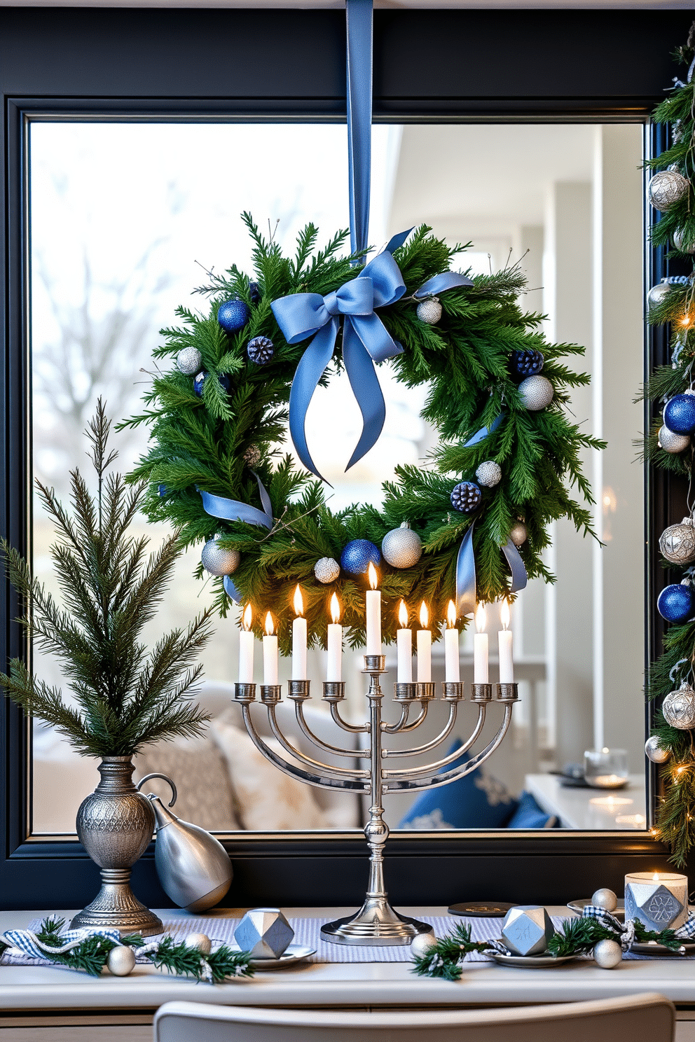 A wintery wreath adorned with lush greenery and delicate blue ribbons hangs on the front door, creating a festive and inviting entrance. The wreath features accents of frosted pinecones and shimmering ornaments, enhancing the seasonal charm. For a home office decorated for Hanukkah, a stylish menorah takes center stage on the desk, surrounded by elegant blue and silver accents. Soft, ambient lighting casts a warm glow over the space, complemented by decorative dreidels and festive garlands that celebrate the holiday spirit.