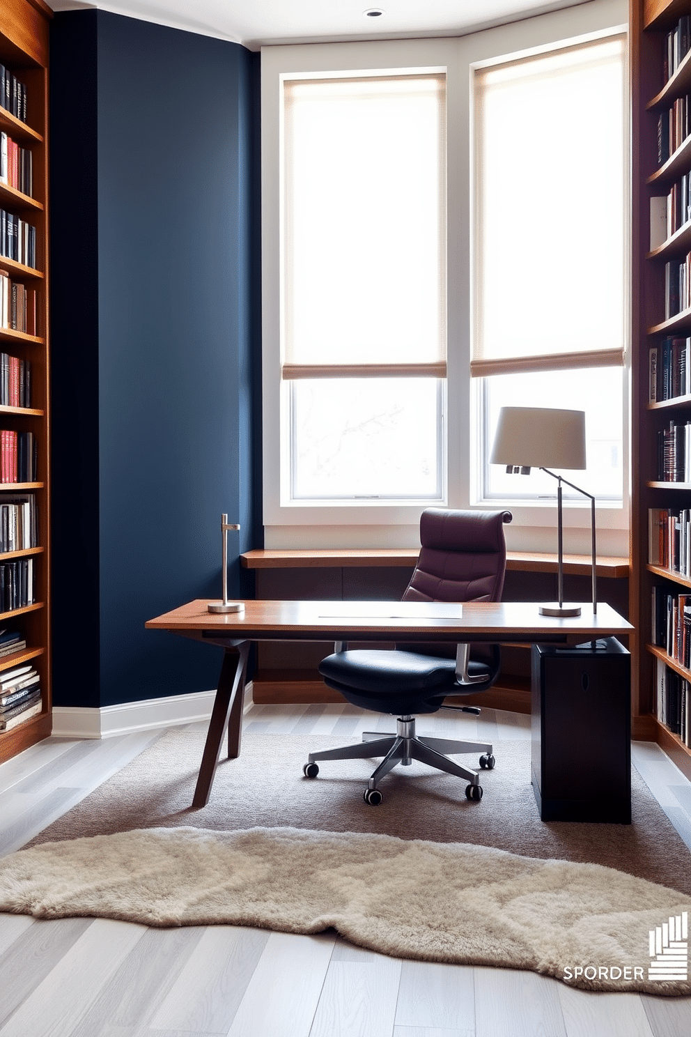 A sophisticated home office library featuring a rich navy blue accent wall that contrasts with warm oak bookshelves filled with an array of books. A sleek, modern desk in a polished walnut finish sits centered in the room, complemented by a comfortable leather chair in deep burgundy. The flooring is a light gray hardwood that adds warmth, while a plush area rug in neutral tones anchors the space. Soft, ambient lighting from a stylish floor lamp creates an inviting atmosphere, perfect for reading or working.