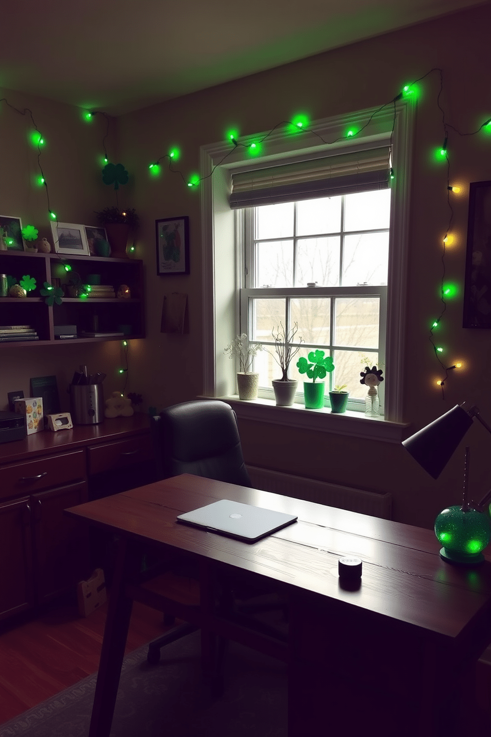 A cozy home office adorned with green shamrock string lights that twinkle softly against the walls. The desk, made of dark wood, is positioned near a window, allowing natural light to illuminate the space while festive decorations create a cheerful St. Patrick's Day atmosphere.