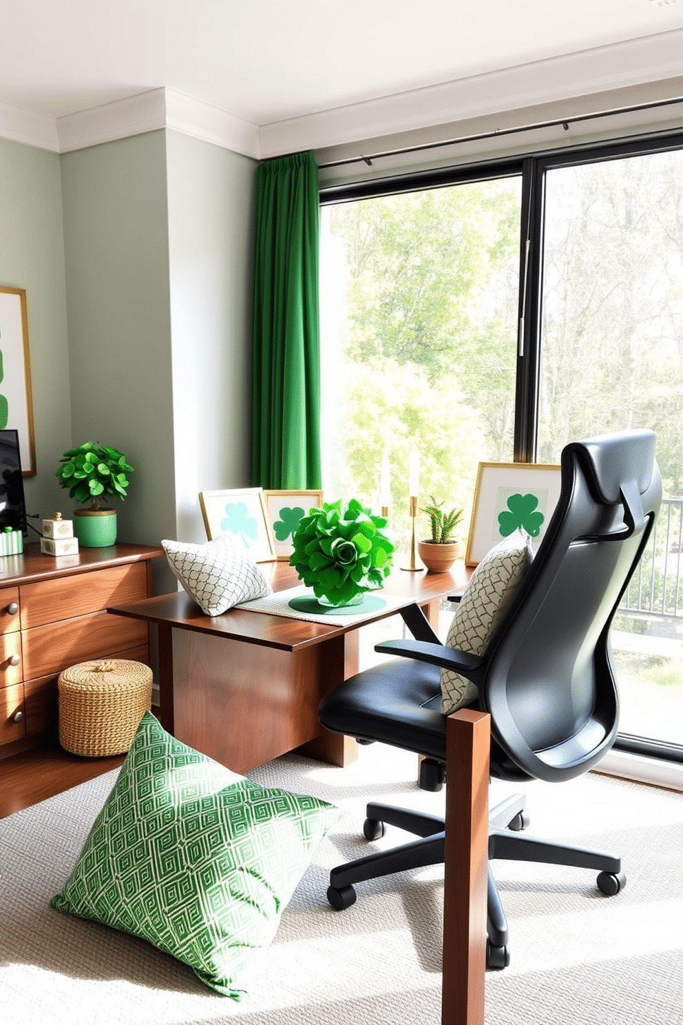 A cozy home office adorned with green and white throw pillows. The pillows are arranged on a stylish ergonomic chair, complementing a sleek wooden desk that faces a large window with natural light streaming in. St. Patrick's Day decorations add a festive touch to the space. A vibrant green shamrock centerpiece sits on the desk, while subtle gold accents, like a framed print and decorative items, enhance the cheerful atmosphere.