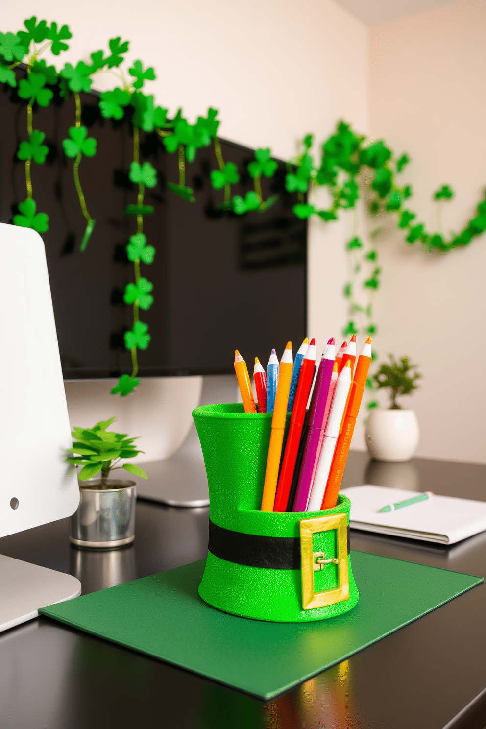 A whimsical leprechaun hat pen holder sits on a stylish desk in a home office, adding a touch of festive charm. The vibrant green hat, adorned with a black band and gold buckle, holds an assortment of colorful pens, bringing a playful spirit to the workspace. Surrounding the desk, St. Patrick's Day decorations create a warm and inviting atmosphere. Shamrock garlands hang from the walls, and a small potted plant with green leaves complements the holiday theme, enhancing the overall design.