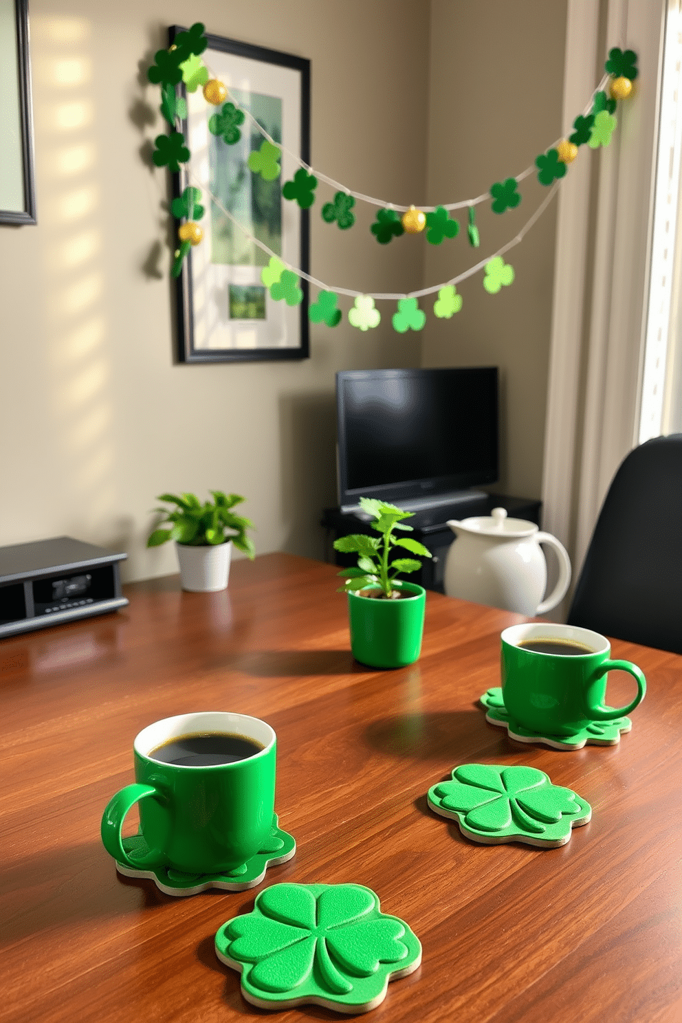 A cozy home office setting adorned with St. Patrick's Day decorations. Shamrock coasters in vibrant green are placed under mugs of steaming coffee on a sleek wooden desk. On the walls, subtle green and gold accents reflect the holiday spirit, while a small potted shamrock plant adds a touch of nature. A festive garland featuring shamrocks and gold accents hangs above the desk, enhancing the cheerful atmosphere.