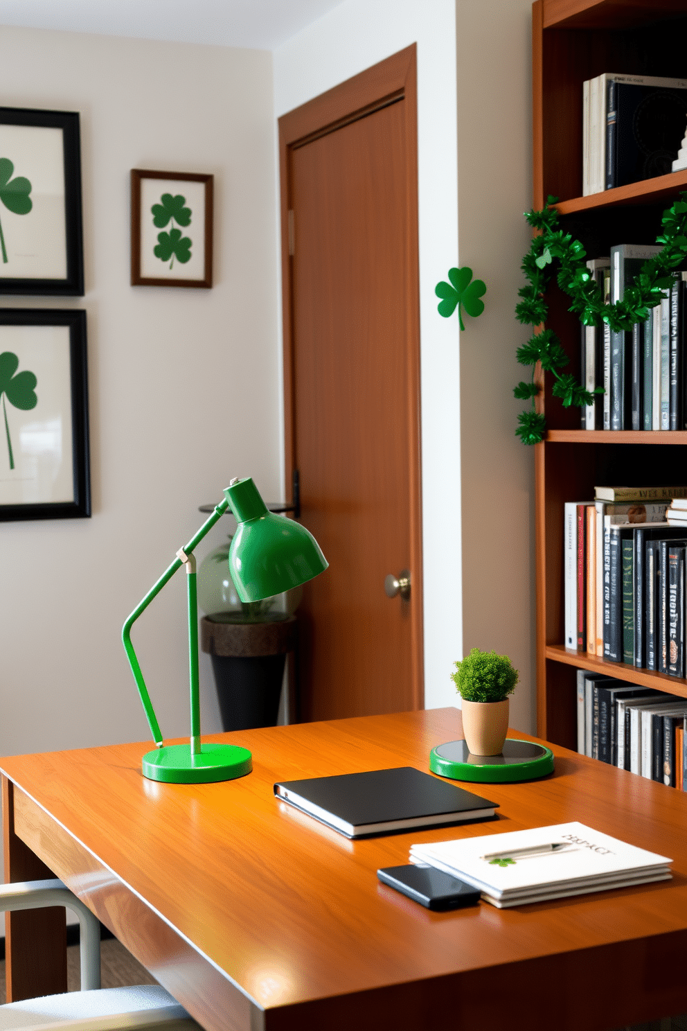 A cozy home office setting features a sleek wooden desk adorned with a green desk lamp, its shade casting a warm glow over the workspace. The walls are decorated with subtle St. Patrick's Day accents, including framed prints of shamrocks and a festive garland draped along the bookshelf.