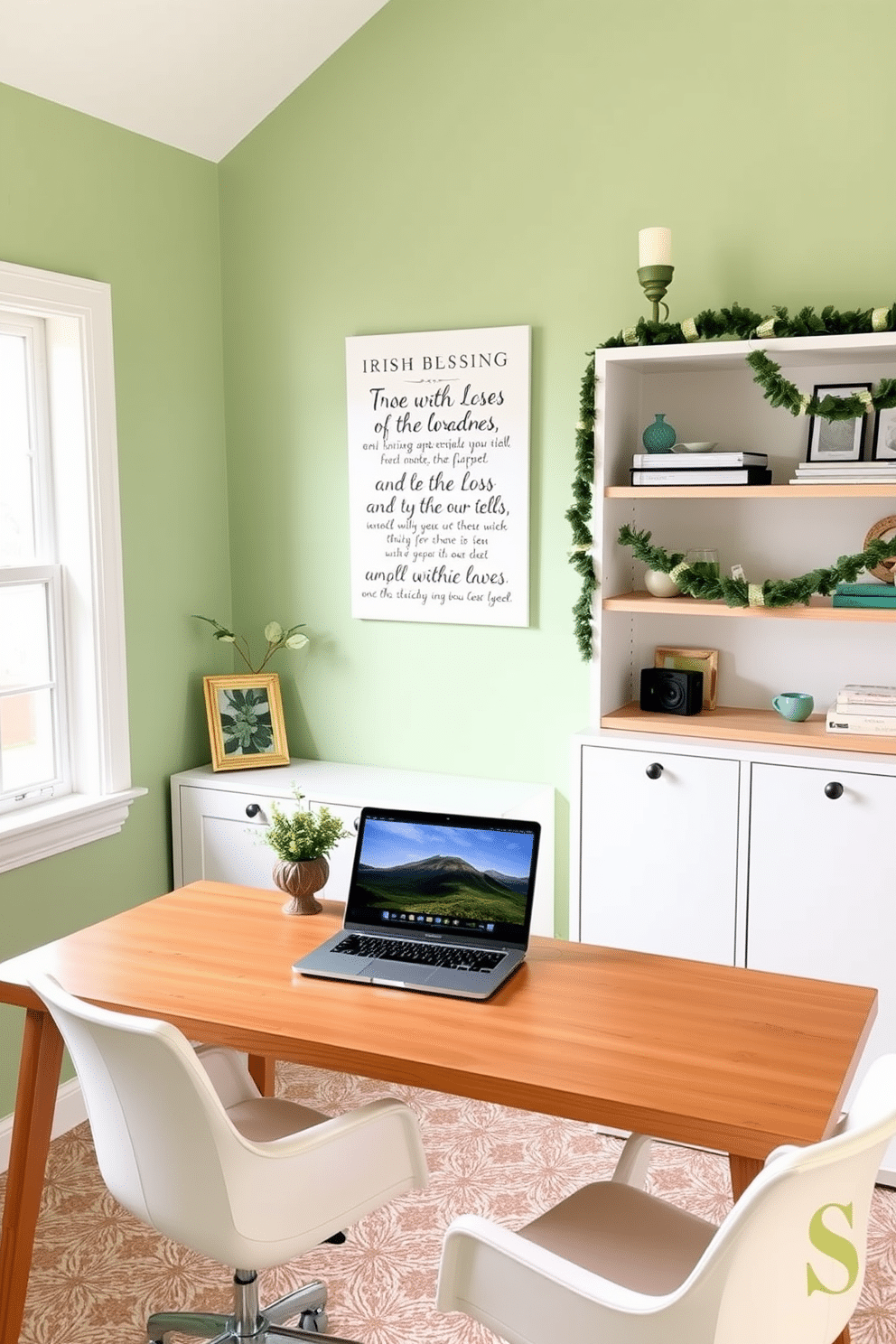 A serene home office featuring Irish blessing wall art that adds a touch of cultural charm. The walls are painted in a soft, calming shade of green, with a sleek wooden desk positioned in front of a large window that lets in natural light. On the desk, a stylish laptop sits alongside a decorative plant and a small framed photo of a scenic Irish landscape. St. Patrick's Day decorations subtly enhance the space, including a few tasteful green accents and a festive garland draped along the shelves.