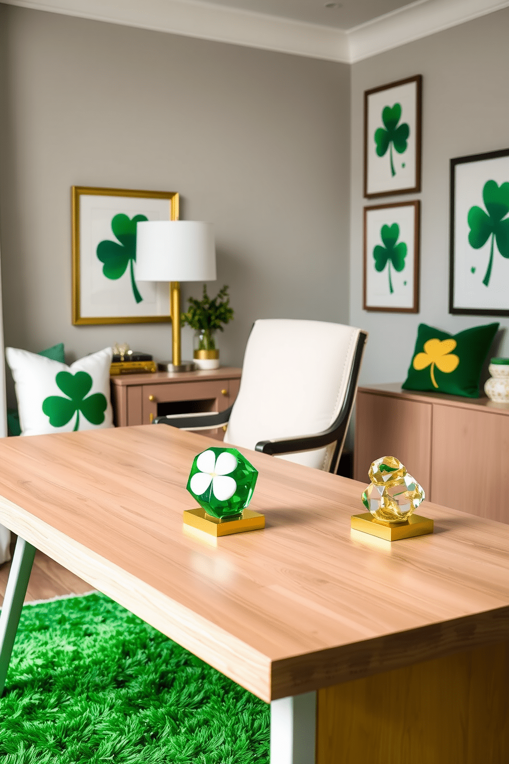 A stylish home office featuring green and gold paperweights on a sleek wooden desk. The walls are adorned with framed artwork that incorporates shades of green, while a comfortable chair complements the overall aesthetic. For St. Patrick's Day, the office is decorated with festive elements such as shamrock-themed cushions and a vibrant green rug. Subtle touches like gold accents in the decor create a harmonious balance, celebrating the holiday with elegance.