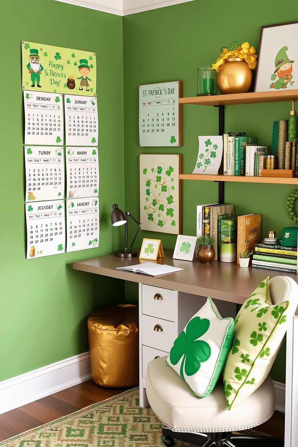 A St. Patrick's themed calendar featuring vibrant green hues and whimsical designs, showcasing iconic symbols such as shamrocks, leprechauns, and pots of gold. Each month is adorned with festive illustrations that inspire a sense of celebration and joy throughout the year. A cozy home office adorned with St. Patrick's Day decorations, featuring a green accent wall and a stylish desk decorated with gold and green accents. The space includes a comfortable chair with shamrock-patterned cushions and a shelf displaying festive books and trinkets, creating an inviting atmosphere for productivity and creativity.