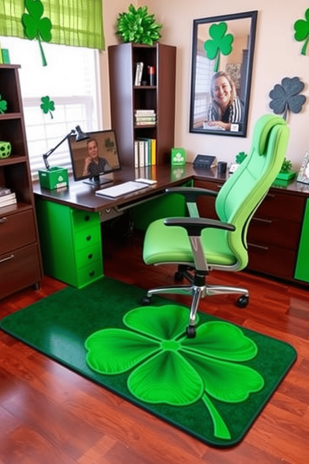 A vibrant home office setting featuring a lucky clover desk mat that adds a festive touch for St. Patrick's Day. The desk is made of dark wood, complemented by a sleek ergonomic chair, and the walls are adorned with green accents and decorative shamrocks.