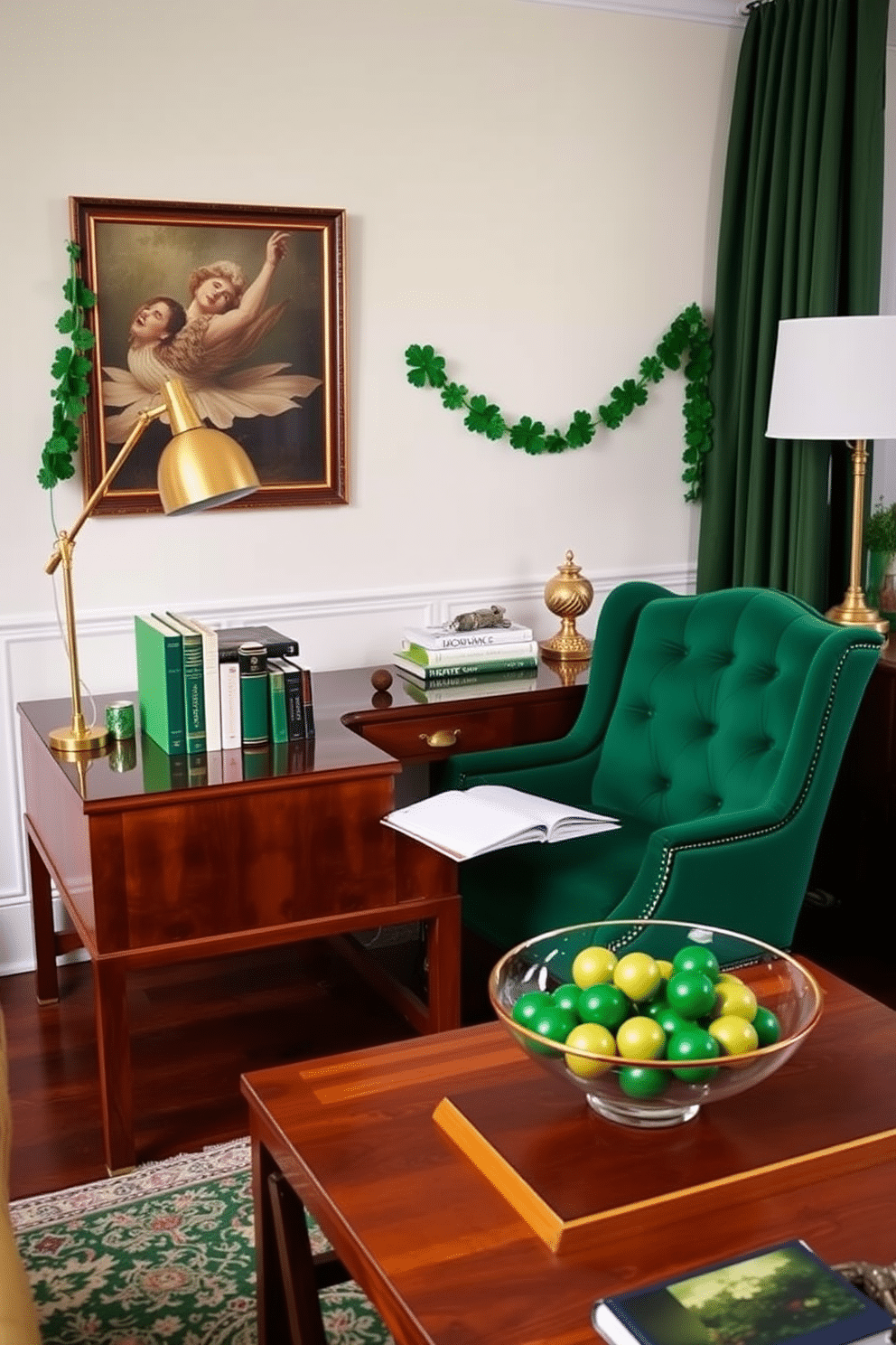 A stylish home office featuring green and gold bookends that elegantly support a collection of classic novels. The desk is a rich walnut wood, complemented by a plush emerald green chair and a gold desk lamp, creating a sophisticated workspace. For St. Patrick's Day, the room is adorned with subtle decorations that celebrate the holiday. A garland of shamrocks hangs above the desk, while a bowl of green and gold accents sits on the coffee table, adding a festive touch without overwhelming the space.