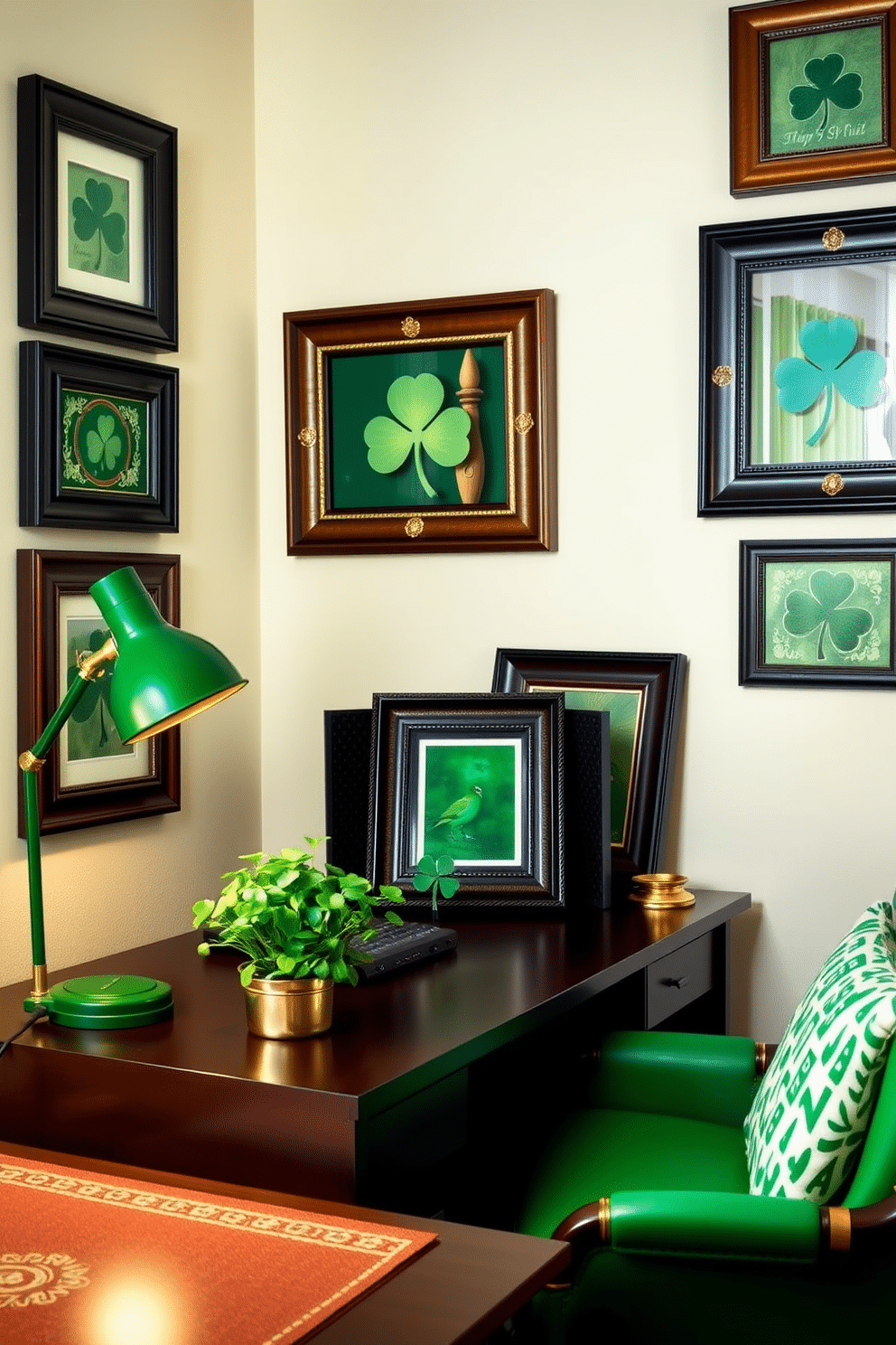 A cozy home office adorned with Irish-themed picture frames that celebrate the spirit of St. Patrick's Day. The frames, crafted from dark wood, showcase vibrant green and gold accents, adding a festive touch to the workspace. On the desk, a small arrangement of shamrock plants brings a touch of nature indoors, while a green desk lamp provides warm, inviting light. The walls are decorated with a soft cream paint, contrasting beautifully with the rich hues of the frames and enhancing the overall charm of the office.