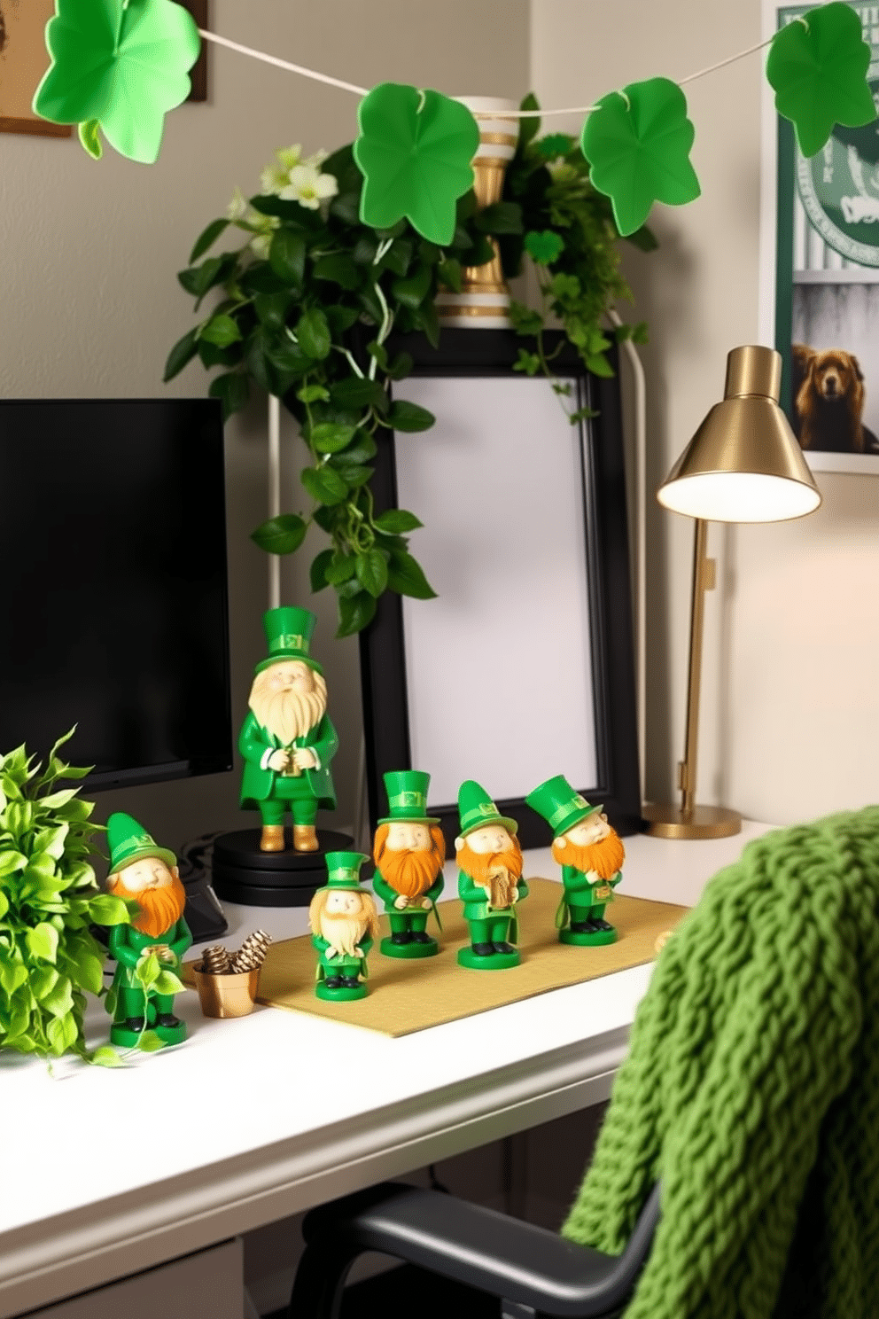 A whimsical home office setting adorned for St. Patrick's Day. On the desk, a collection of charming leprechaun figurines in vibrant greens and golds adds a festive touch, surrounded by lush green plants and a cozy throw blanket.