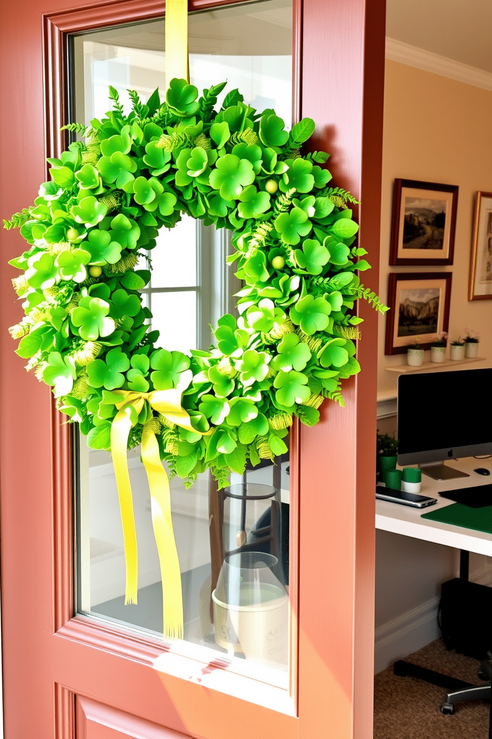 A vibrant St. Patrick's Day wreath adorns the front door, crafted from fresh green foliage and accented with cheerful shamrocks and golden ribbons. The wreath captures the spirit of the holiday, inviting guests with its festive charm. Inside the home office, a cozy workspace is decorated with subtle St. Patrick's Day touches, including a green and gold desk mat and a collection of potted shamrocks on the windowsill. The walls are adorned with framed prints of Irish landscapes, creating a warm and inspiring environment for creativity.