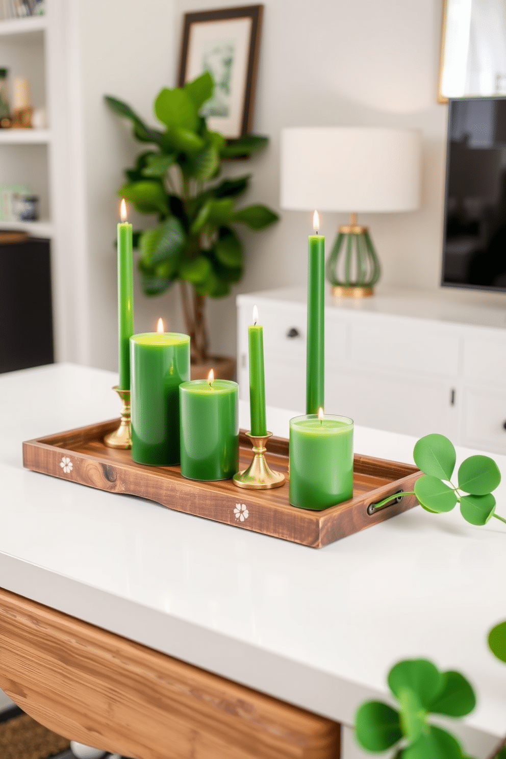 A stylish home office adorned for St. Patrick's Day features a sleek desk decorated with an arrangement of green candles in varying heights. The candles are placed on a rustic wooden tray, complemented by small gold accents and a vibrant green plant nearby, creating a festive yet sophisticated atmosphere.