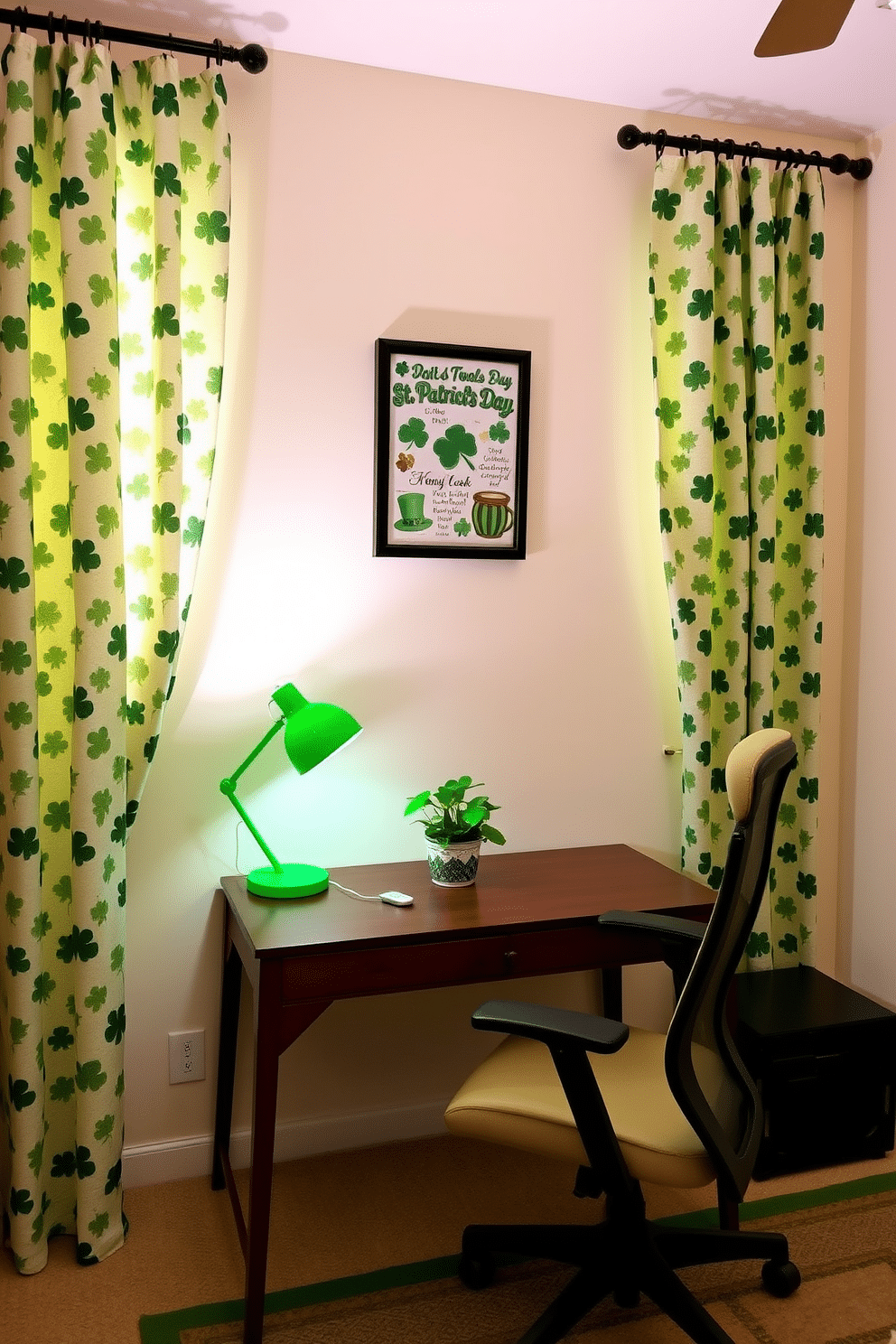 A cozy home office adorned with shamrock-patterned curtains that gently filter the natural light. The walls are painted a soft cream, and a stylish wooden desk sits in the center, complemented by a comfortable ergonomic chair. On the desk, a vibrant green desk lamp adds a touch of festive charm, while a small potted shamrock plant brings life to the workspace. A decorative wall art piece featuring St. Patrick's Day motifs hangs above the desk, creating an inviting atmosphere for productivity.